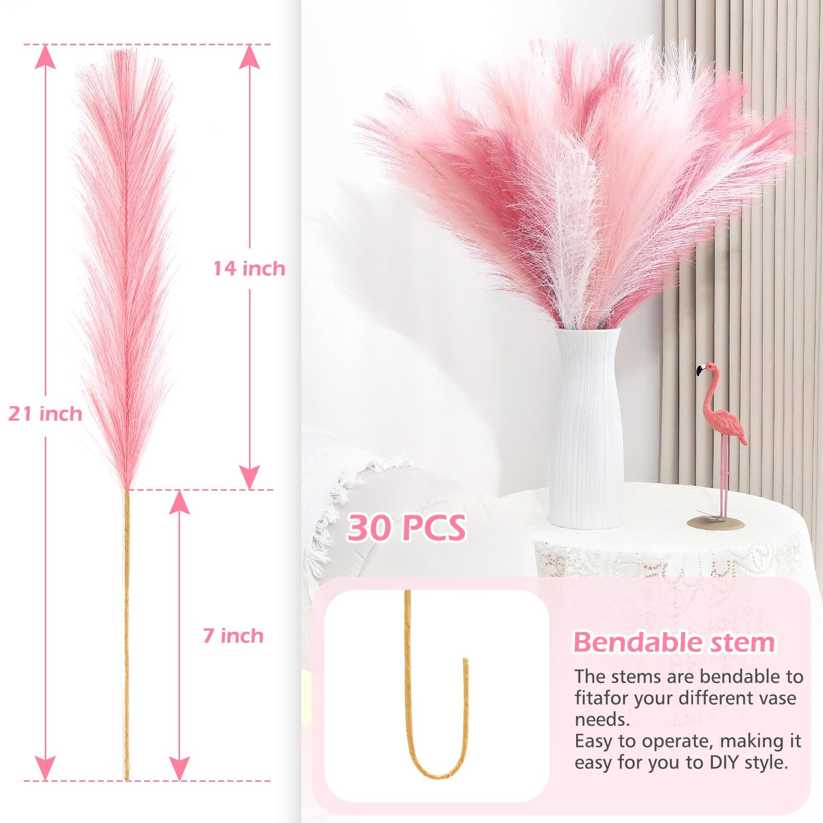 Pink Pampas Grass Decor Faux Pampas Grass Bulk Small Vase Filler Pompas 30PCS