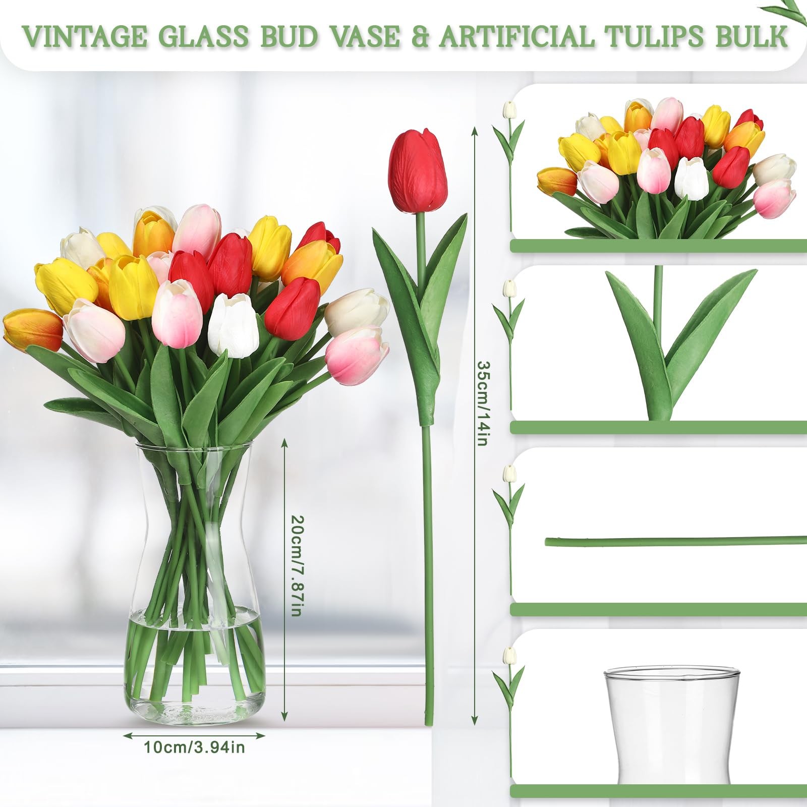 20 PCS Artificial Tulips 14 Inch Real Touch Silk Fake Flowers Vase Multicolor