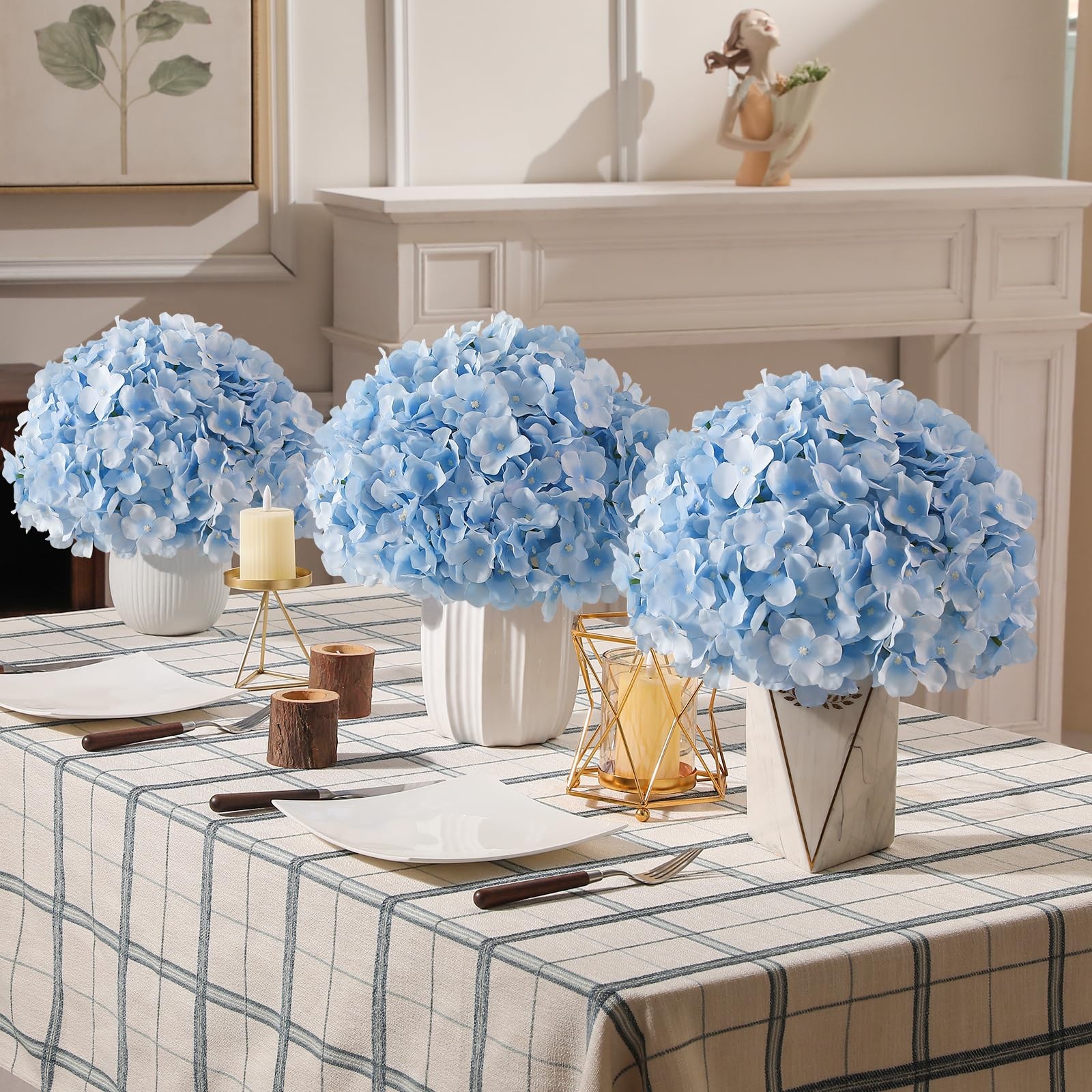 48 Pcs Blue Artificial Hydrangea Flowers Bulk, Faux Hydrangea Full Flowers He…