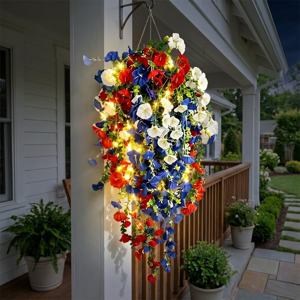2026 Red White Blue Hanging Flowers Patriotic Faux Basket 4th July Porch Decor