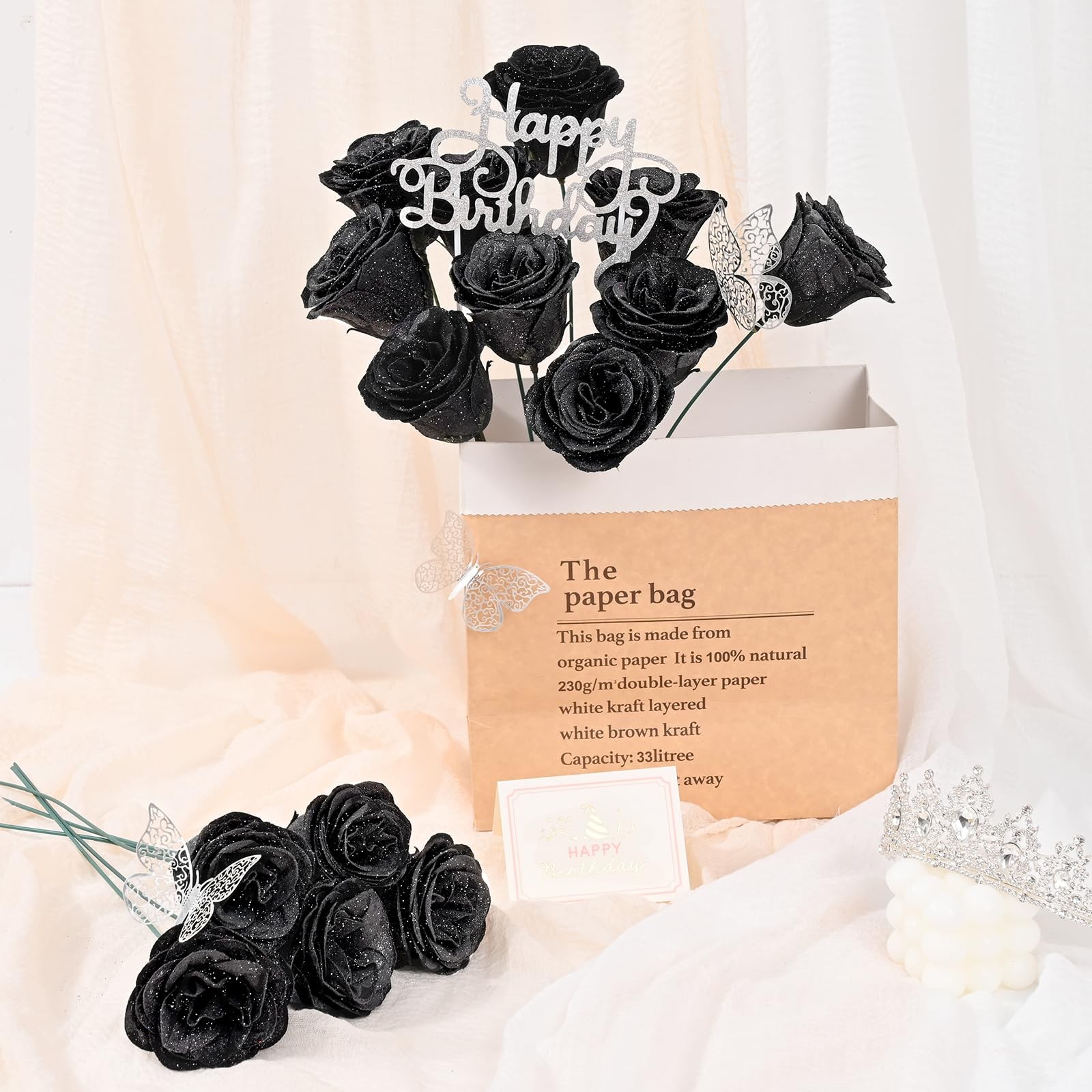 36 Pcs Black Glitter Artificial Flowers Bouquet With Birthday Stand Signs