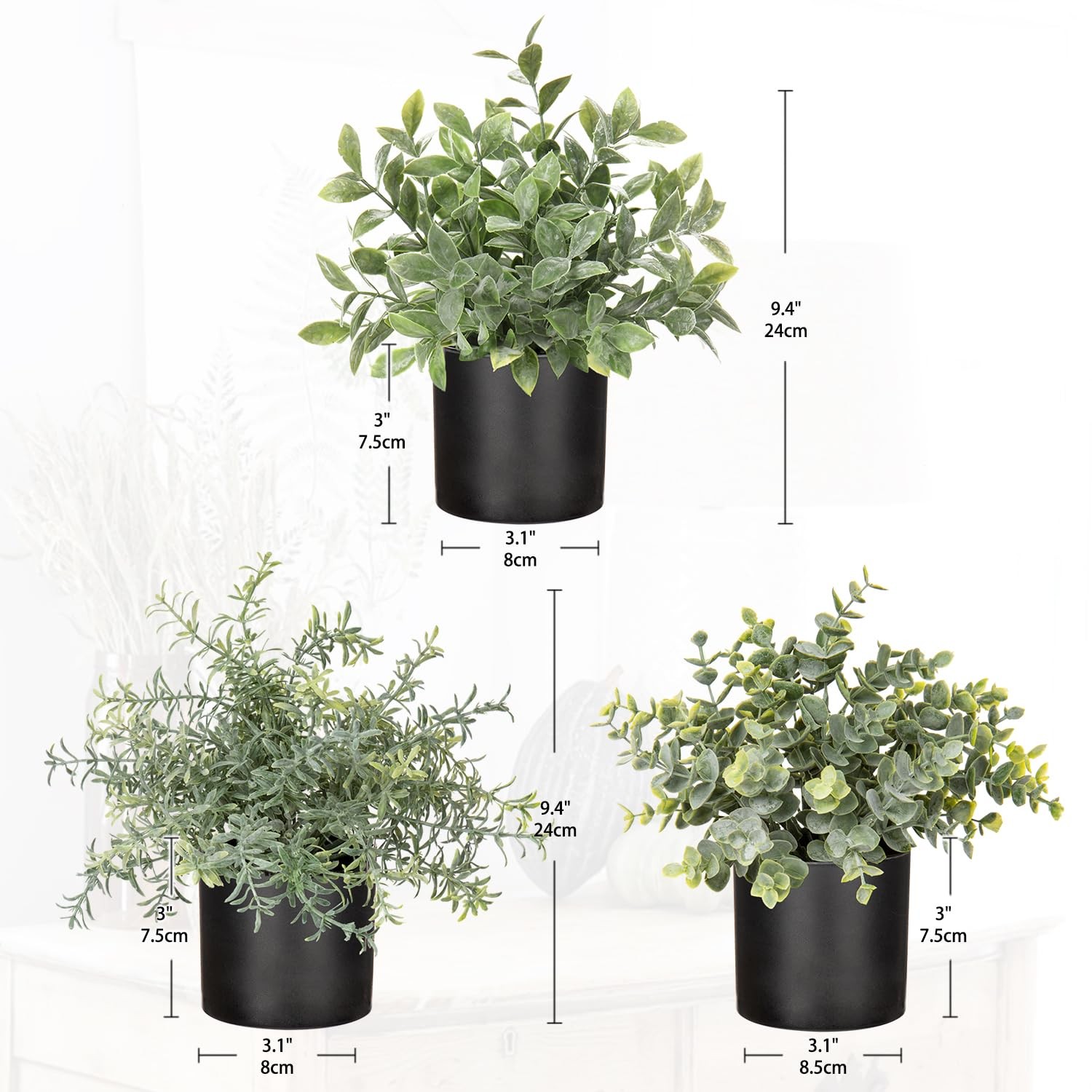 3 Pack Small Fake Plants for Shelf Decor Accents with Plastic Black Pot Artif…