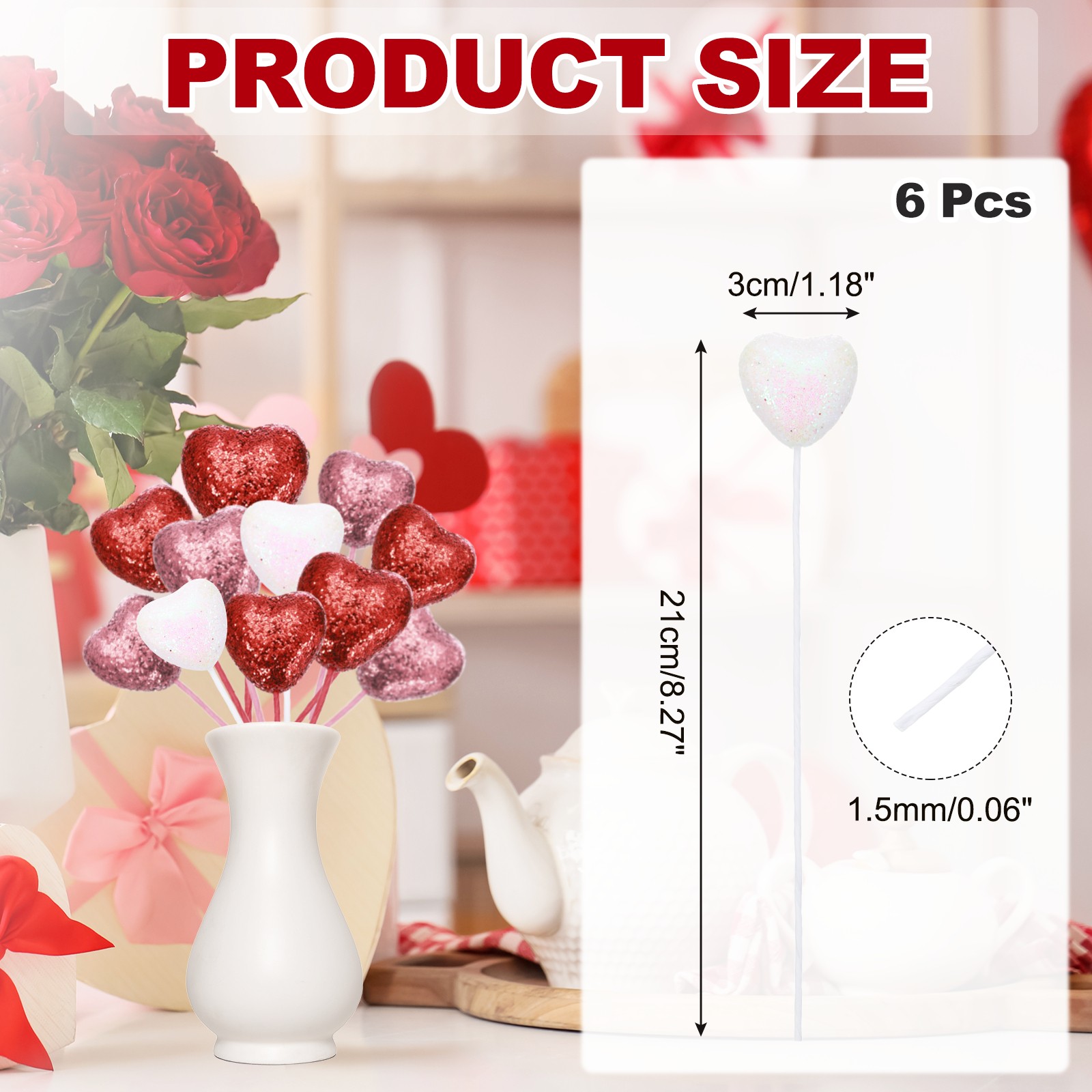 6 Pcs Glitter Heart Shaped Picks Puffy Foam Hearts Stick (White, 3cm x 21cm)