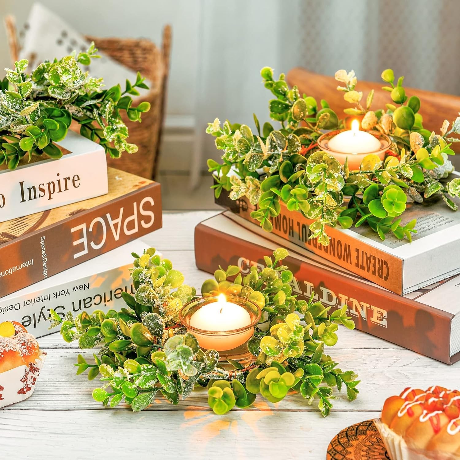 8 Pcs Mini Eucalyptus Candle Rings – Elegant Floral Wreaths for All Seasons