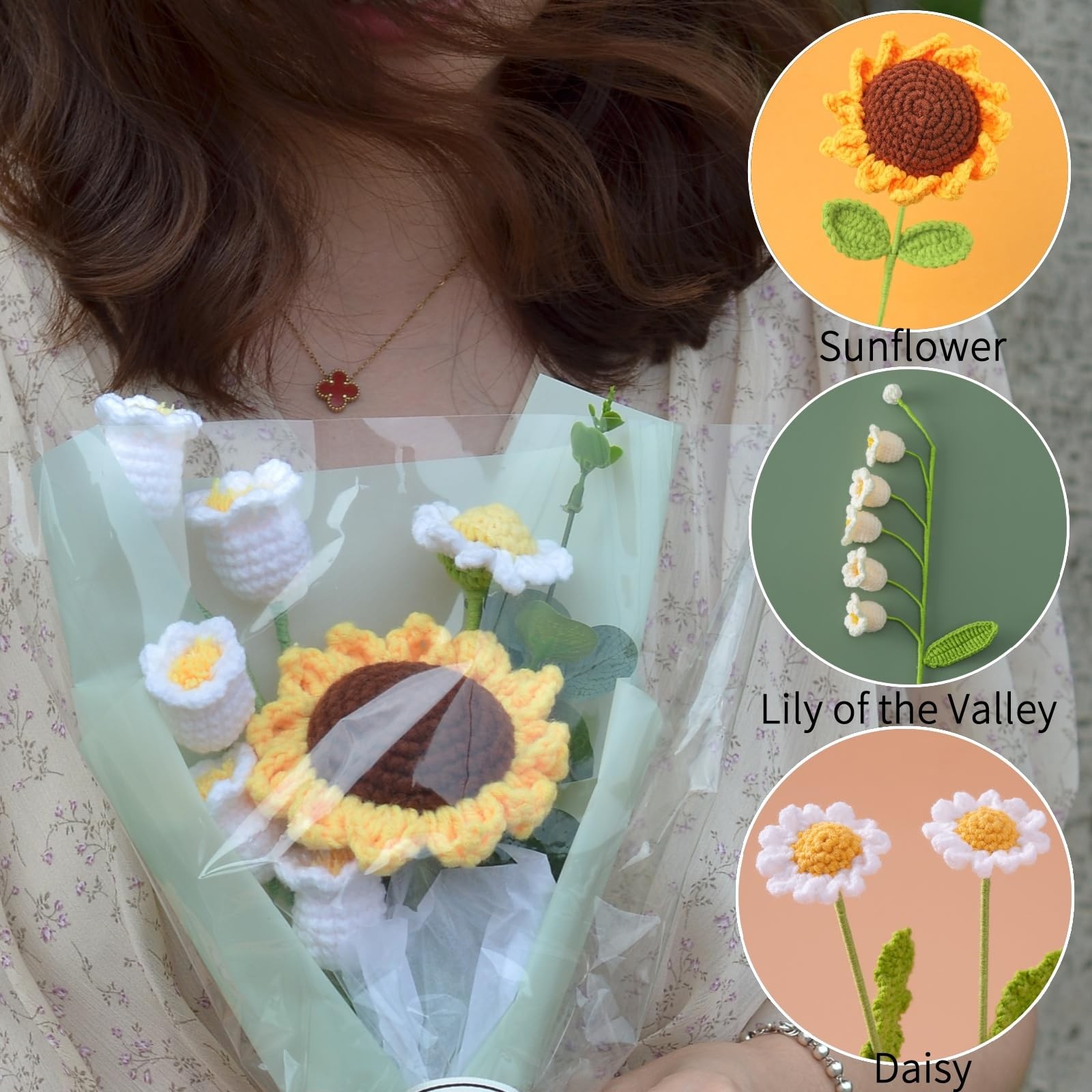Crochet Flowers Bouquet,Hand Knitted Sunflower Daisy Lily of The Valley,Etern…