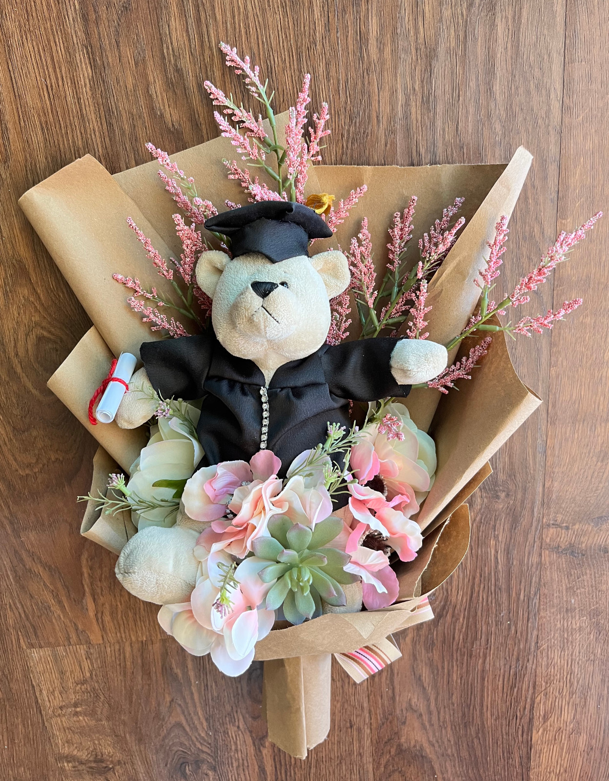 Hand Made Graduation Plush Bear Pink Artificial Flower Bouquet & Matching Ribbon