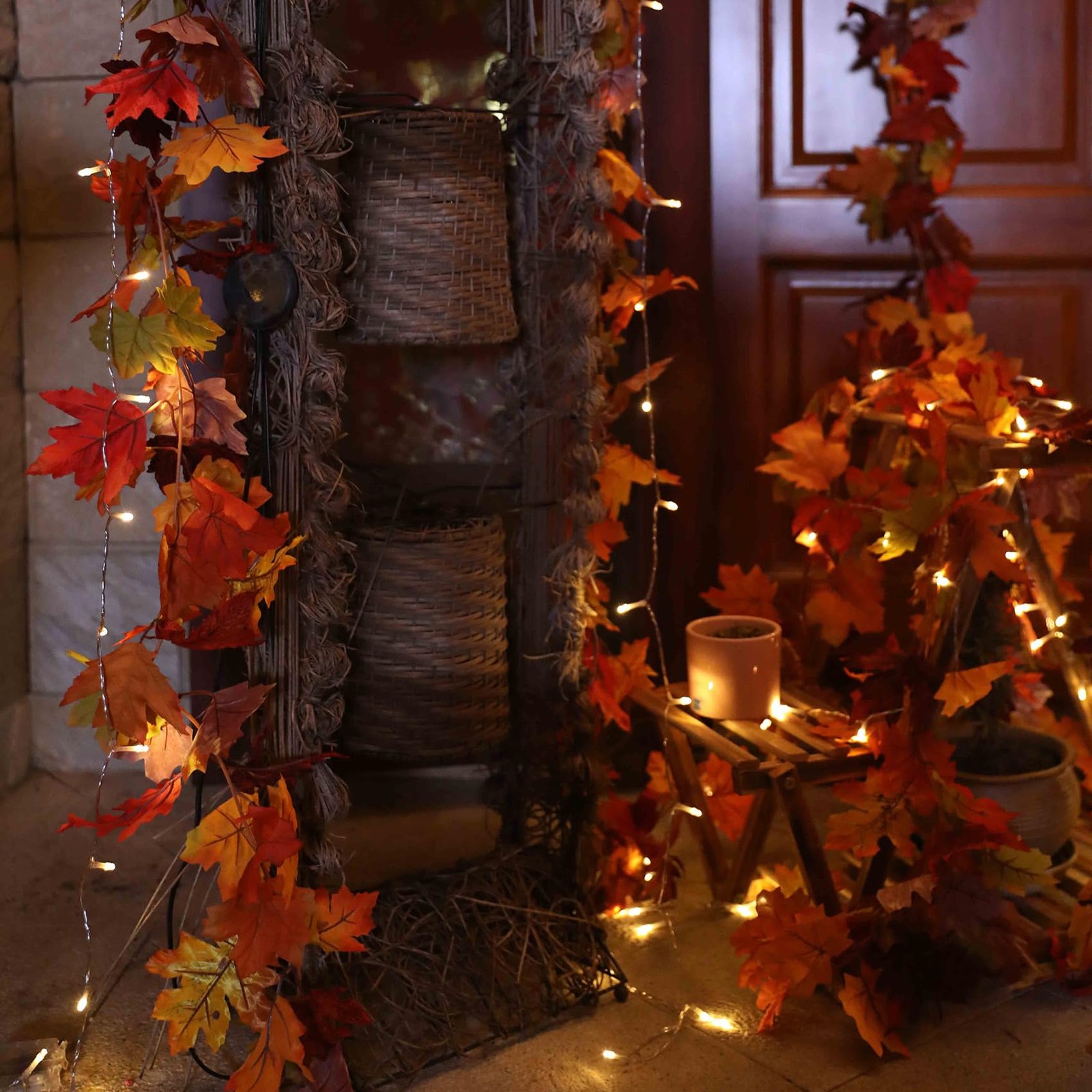 2 Pack Fall Maple Garland with 40 String Light- 5.8ft/Piece Artificial Fall F…