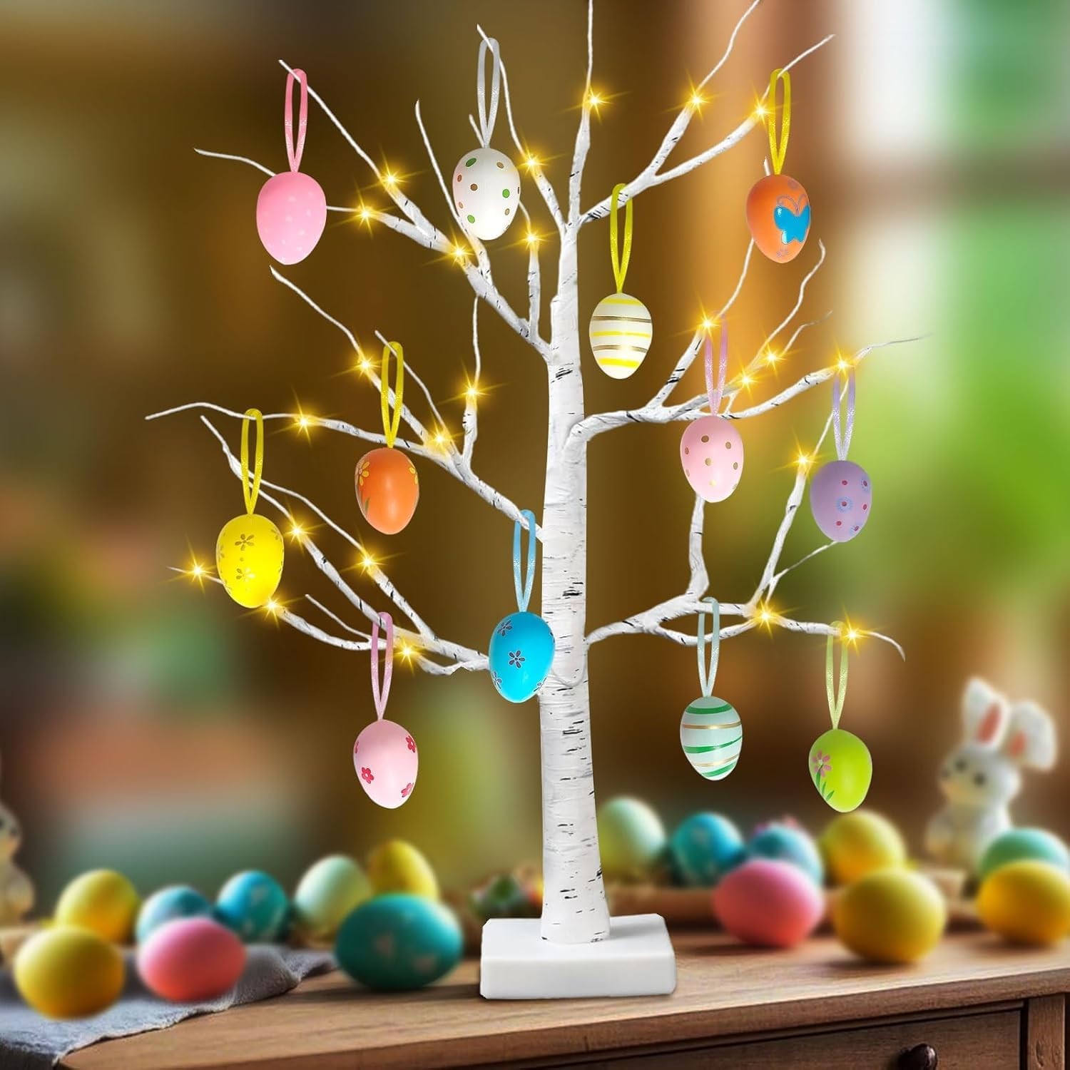2 Pack Easter Decorations 24 Inch Artificial Lighted Egg Tree, 2