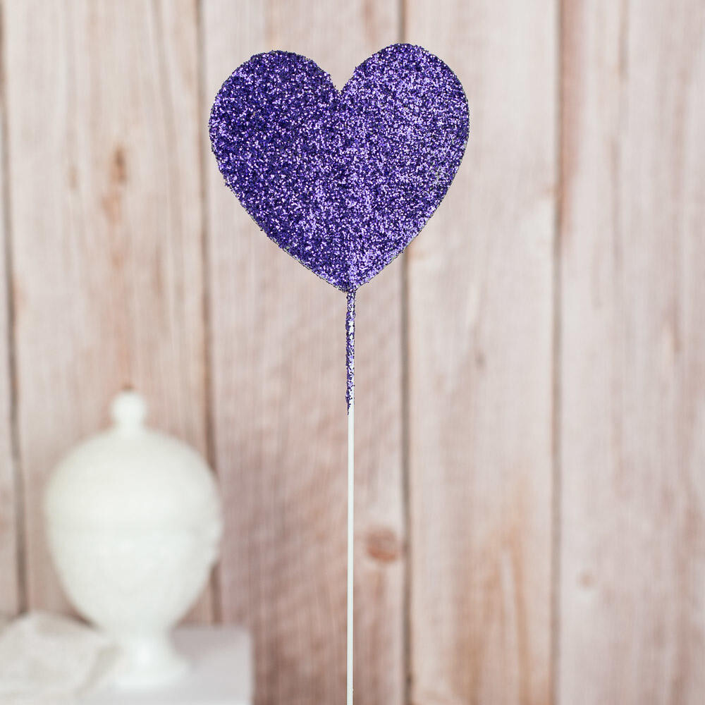Package of 24 Purple Glittered Heart Floral 15″ Picks