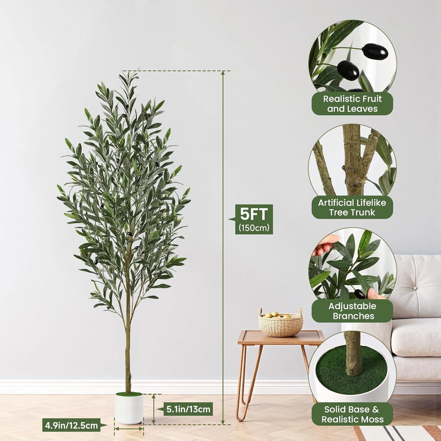 Artificial Olive Tree Potted Fake Plant with Fruits White Planter Home Office