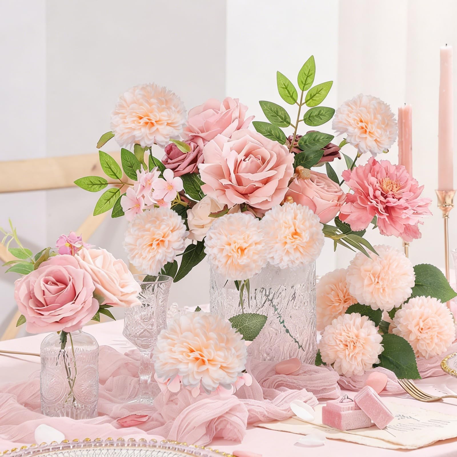 Artificial Flowers Champagne Silk Chrysanthemum Head with Stems Greenery Leav…