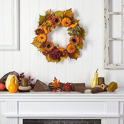 22in. Autumn Hydrangea, Pumpkin and Sunflower Artificial Fall Wreath