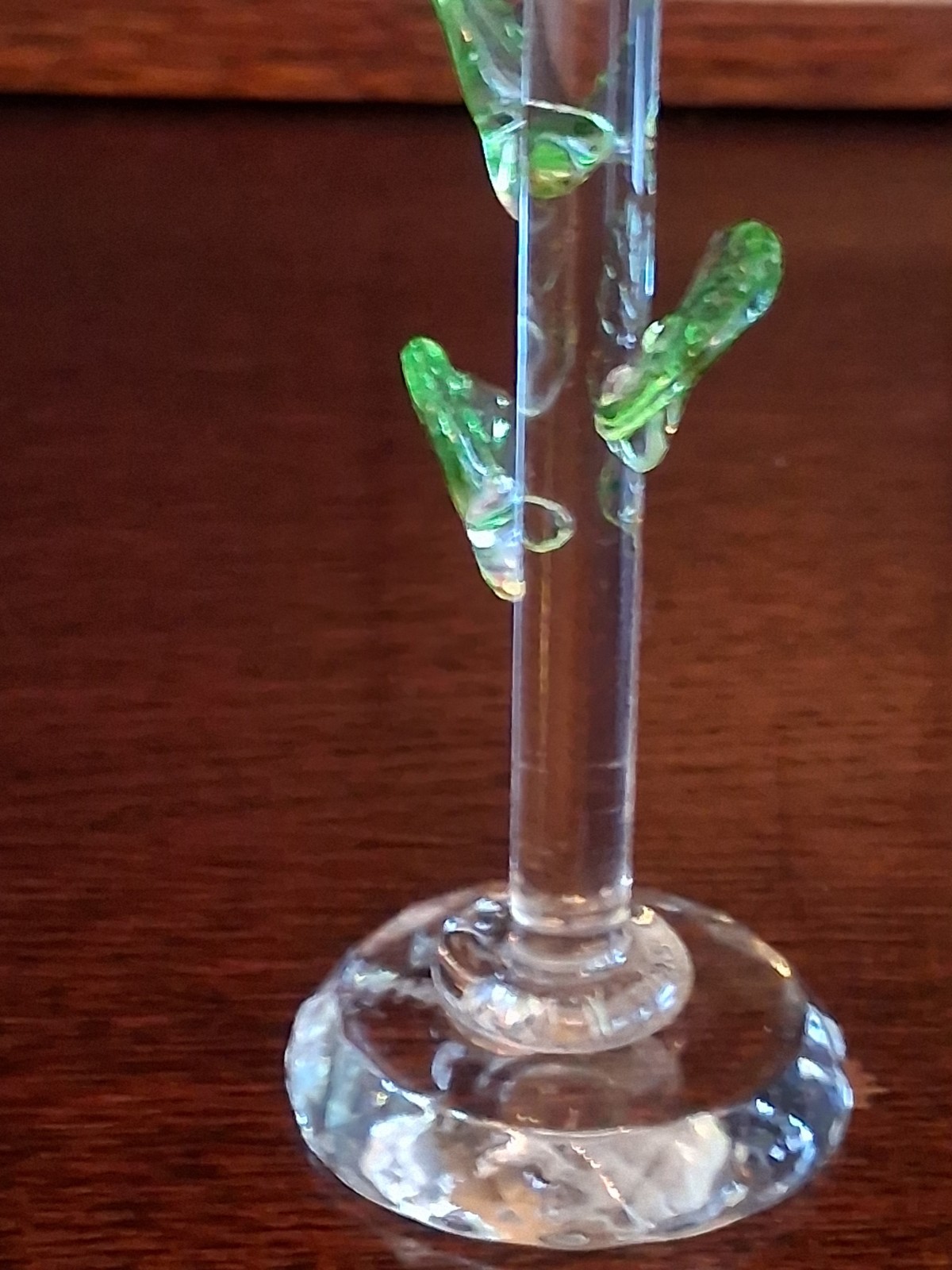 Painted Rosebud With Leaves And Clear Stem And Round Base About 5 Inches Tall