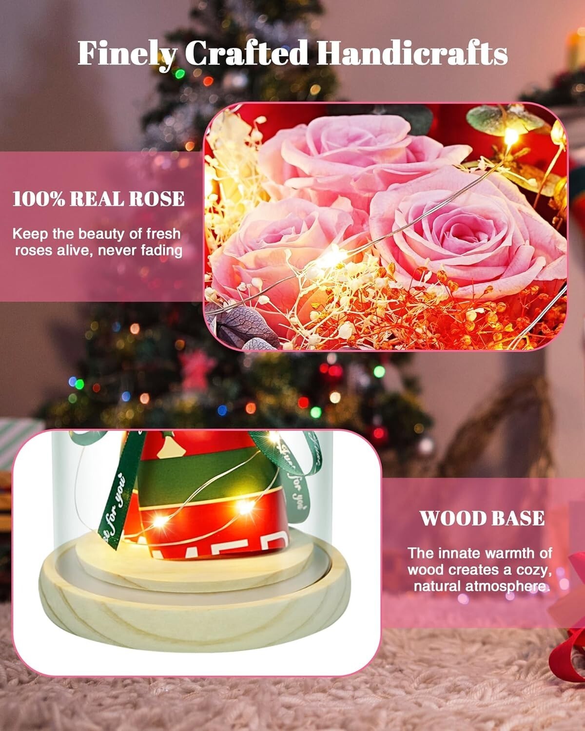 Flowers in Glass Pink Real Rose Bouquet with LED Light Eternal Rose for Her