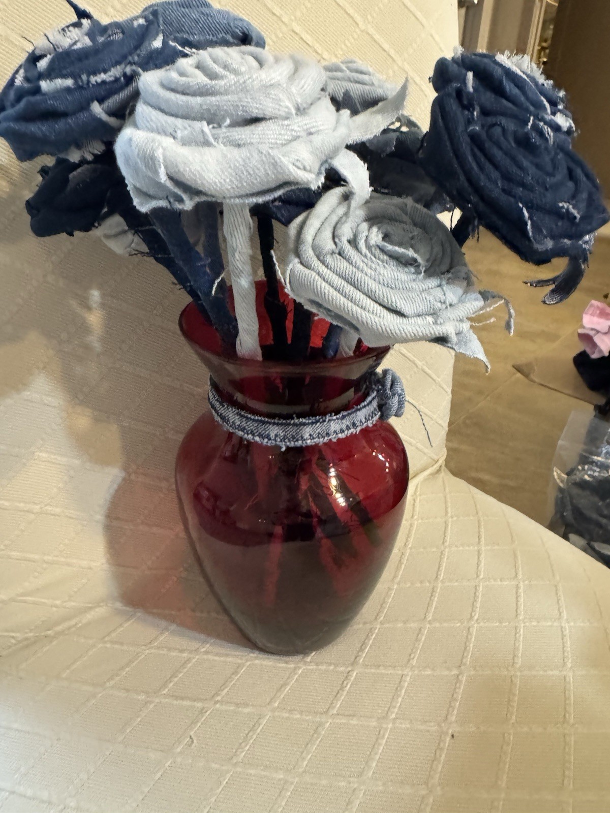 12 (a Dozen) Handmade Denim Roses, Upcycled Vase, Birthday, Mother’s Day, Easter