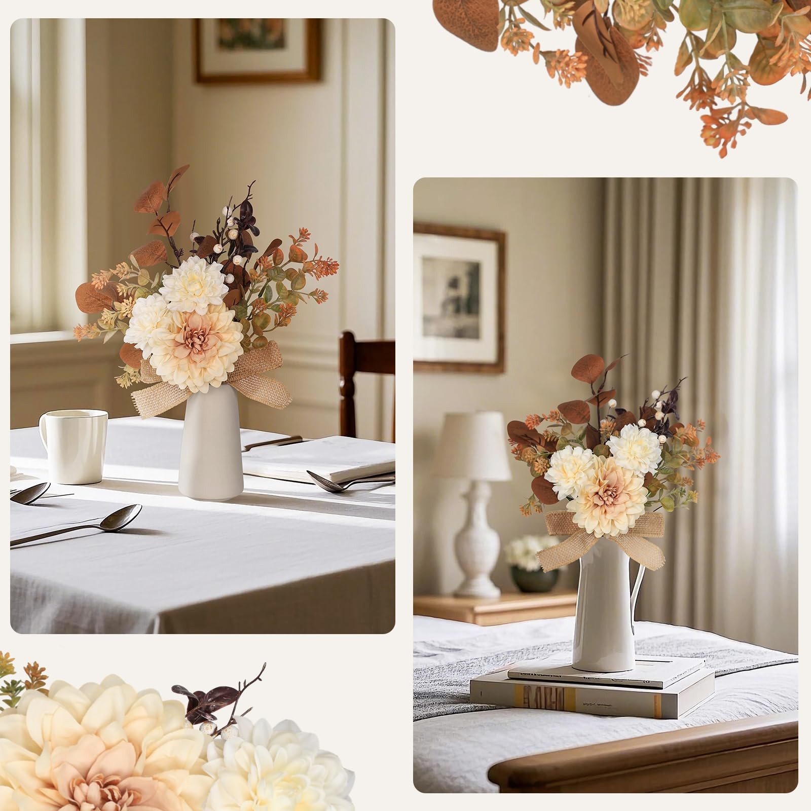 Small Artificial Flowers in Ceramic Vase 15 inch Faux Flower Centerpieces Cof…