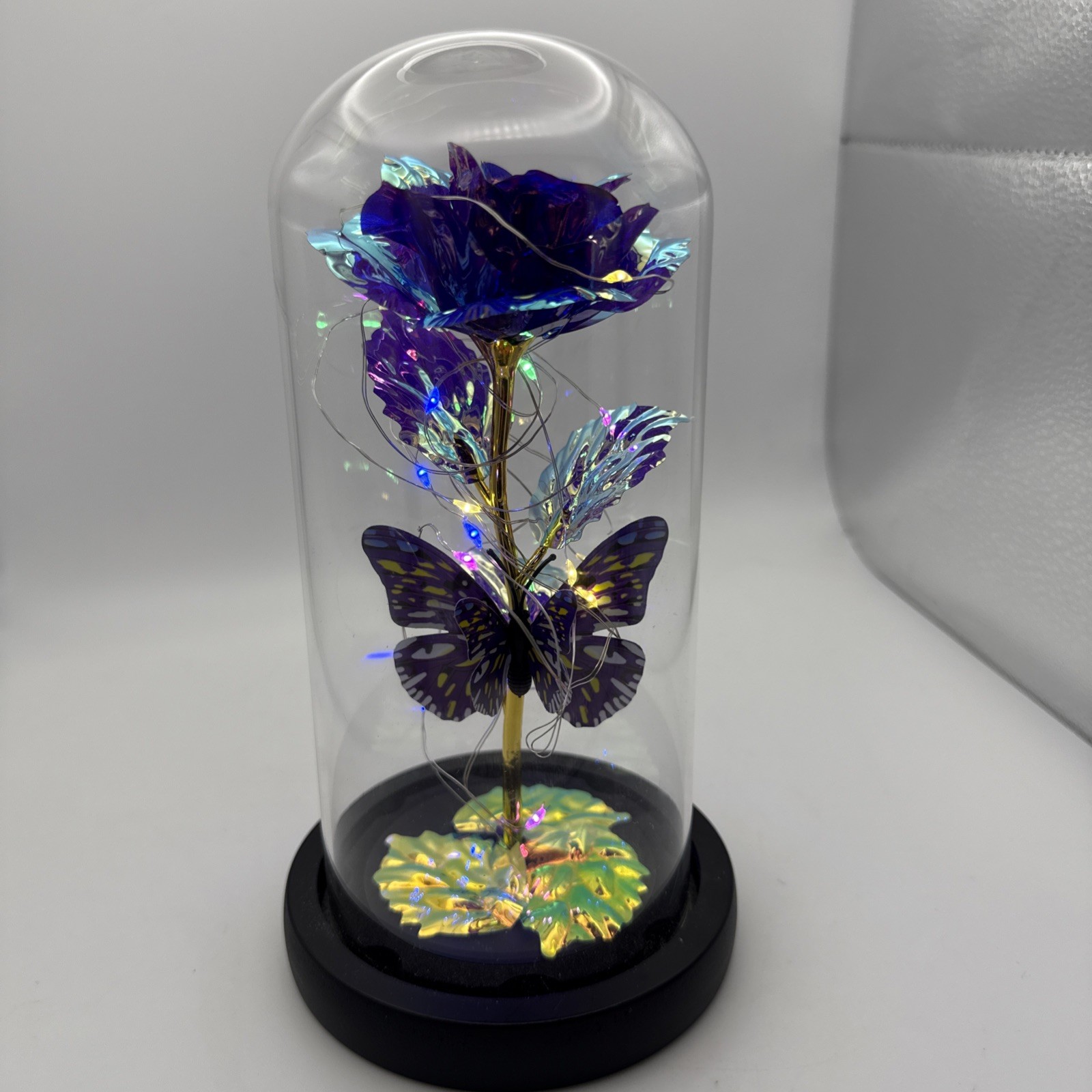 Purple Rose Flower & Butterfly in Glass Dome Cloche LED Lighted Floral Display
