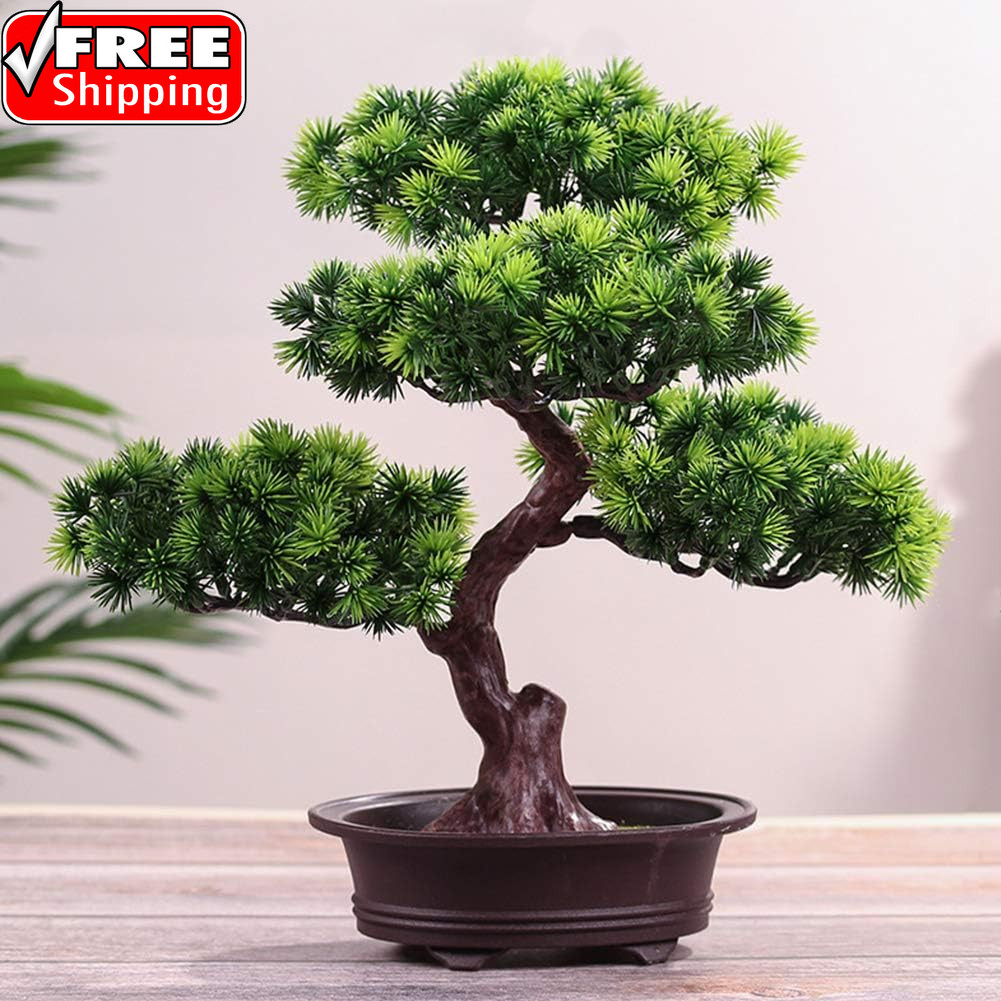 Artificial Bonsai Pine Tree, 11Inch Faux Potted Plant Desk Display Fake Tree Pot