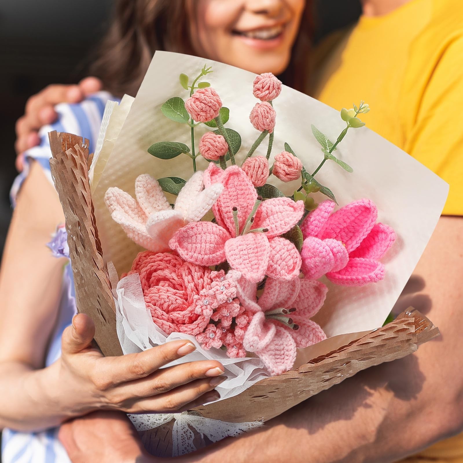 Handmade Crochet Flower Bouquet – Knitted Lily Tulips Rose Gift for Graduation,