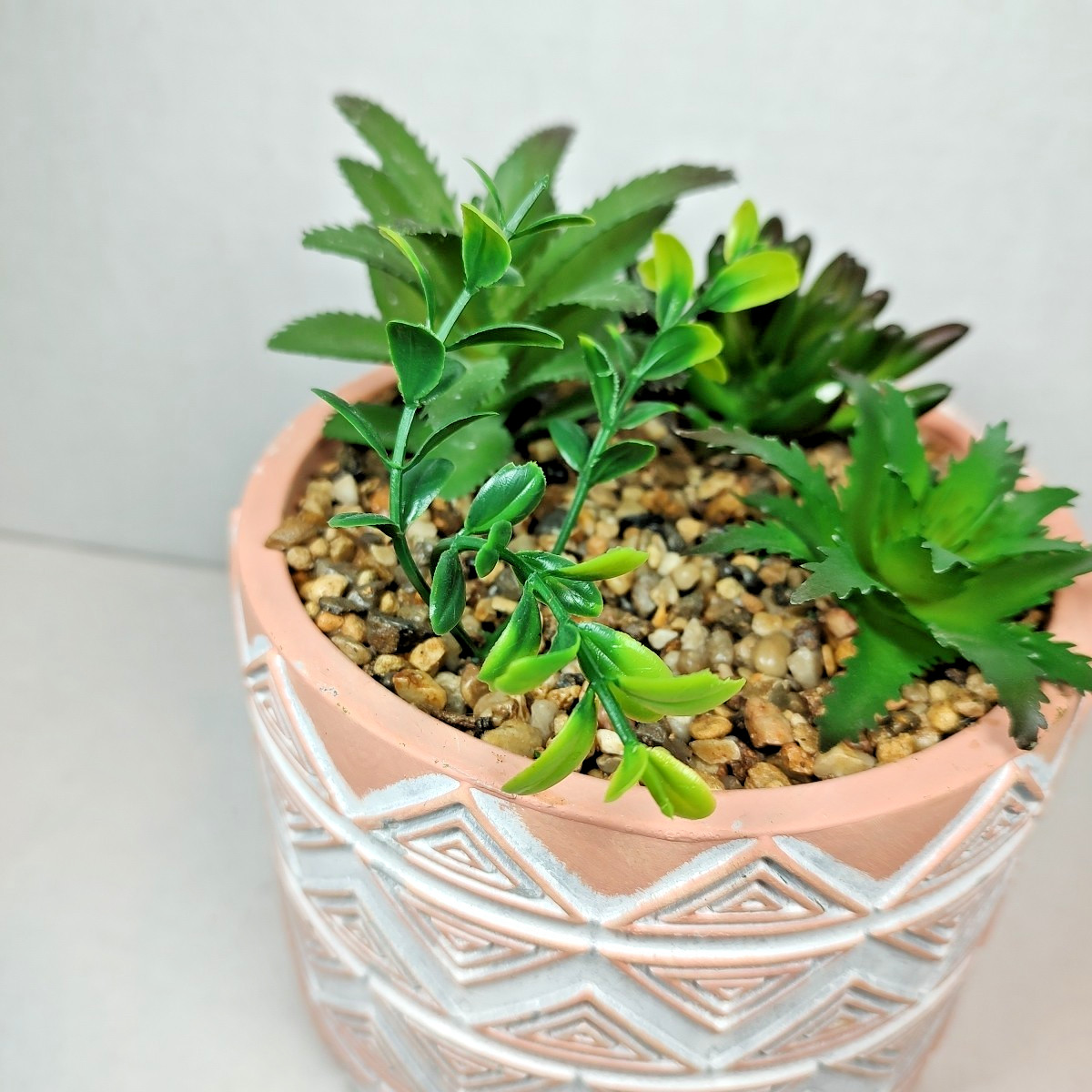 Modern Coastal Geometric Tribal Pattern Planter Pot w/ Faux Succulent Mix Peach
