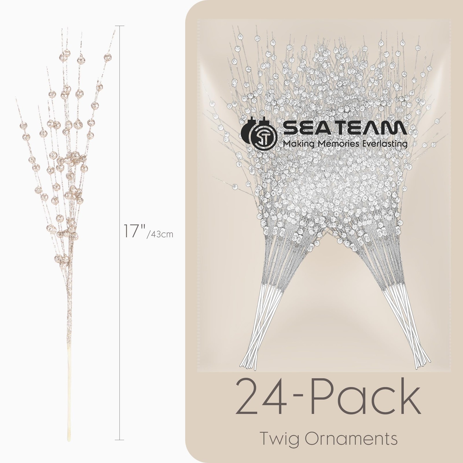 24-Pack Artificial Glitter Berry Stem Ornaments, Decorative Bead Sticks, Glitte