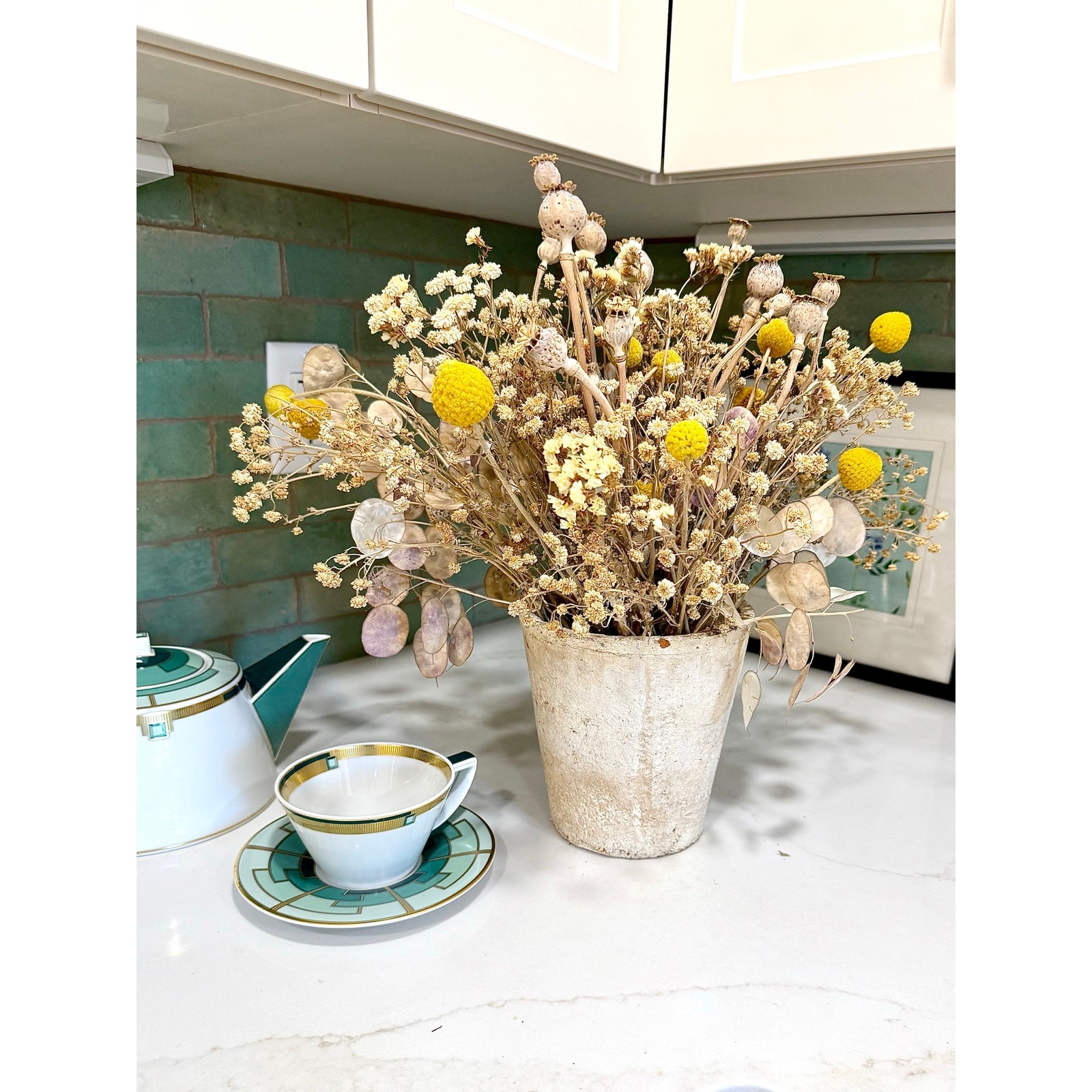 Dried Seed Pod Bouquet 16” Yellow Billy Buttons Boho Wedding Centerpiece Natural