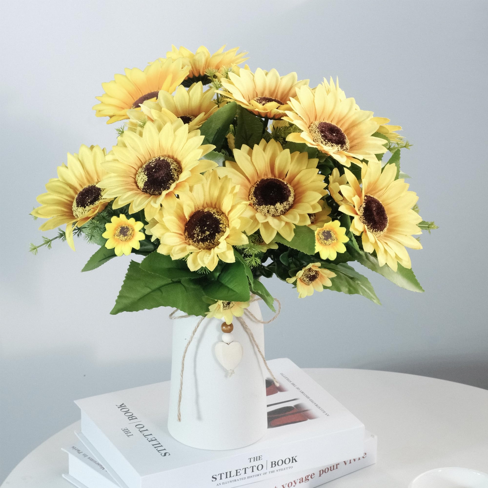 Sunflower Arrangement Cream Vase Silk Flowers Jute Rope Heart Table Decor