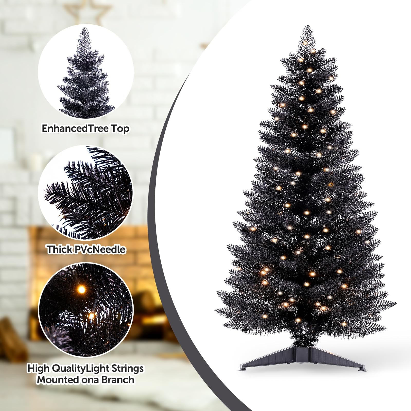 4ft Lighted Halloween Black Christmas Tree Artificial Christmas Tree with Lig…