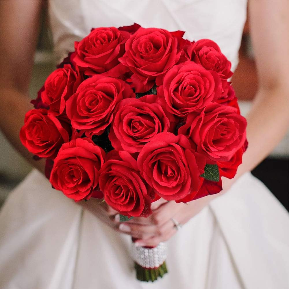 12PCS Red Roses Artificial Flowers, Fake Roses with Long Stems Realistic Silk Ro