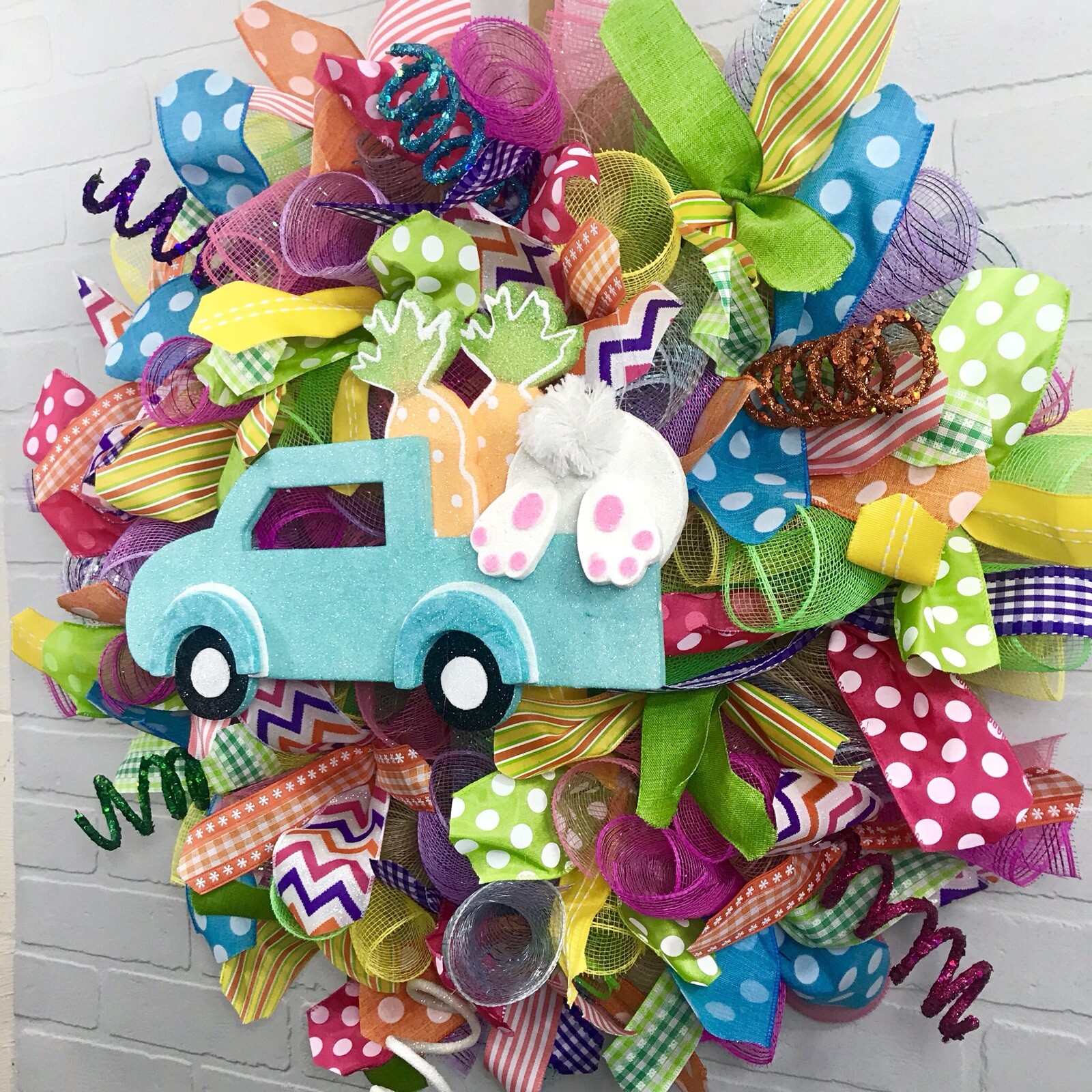 Easter, Spring, Bright, Pink, Blue, Yellow, Fun, Whimsical, Deco Mesh Wreath