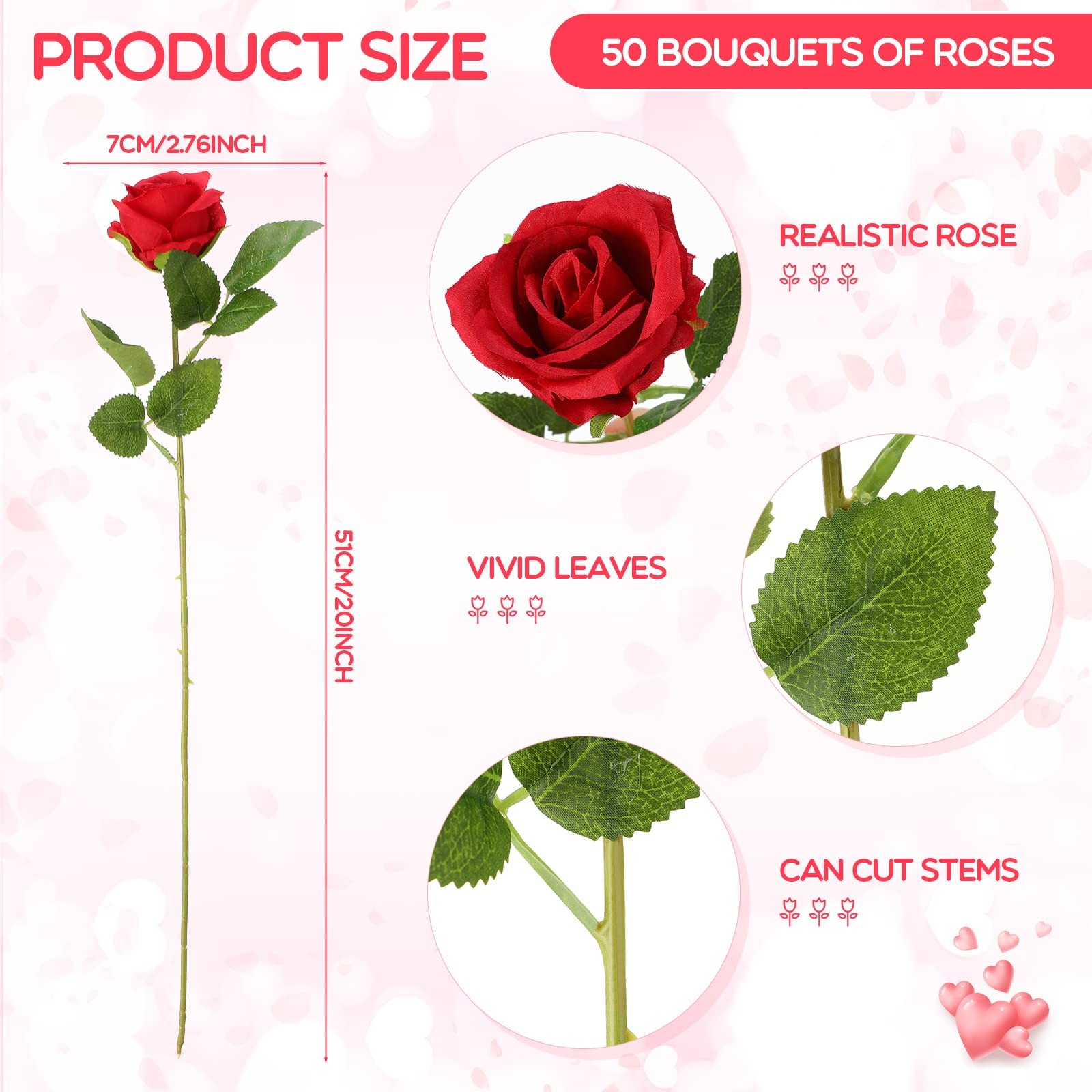 50 Pcs Artificial Rose Flower Bulk Realistic Silk Fake Roses with Long Stem P…