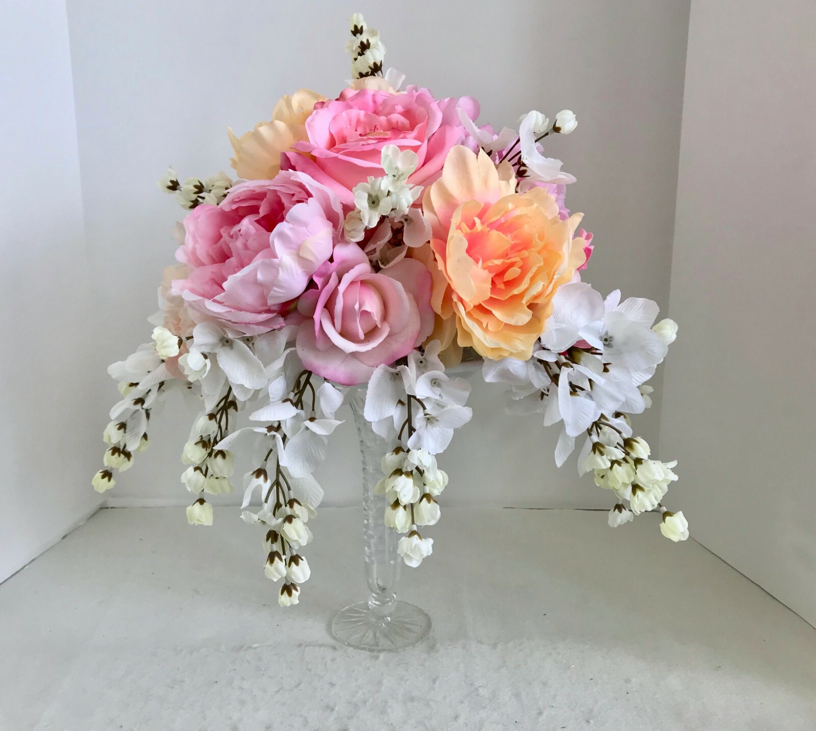 Floral Arrangement Centerpiece Multi-Colored Silk Flowers Cut Glass Vase