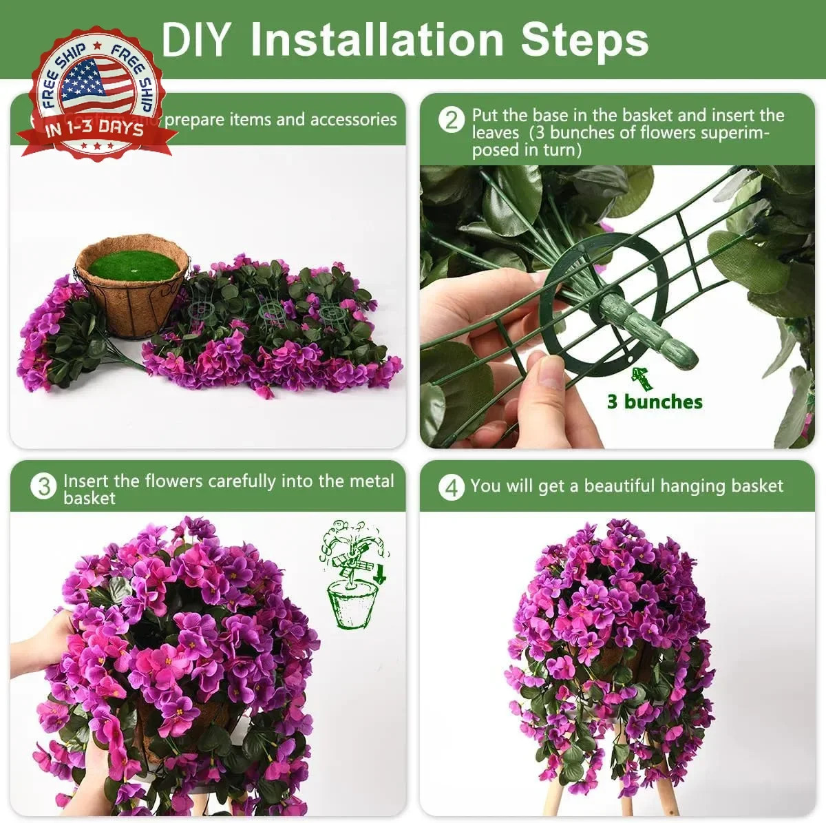 Artificial Begonia Silk Flowers Hanging Basket Set 4 Pcs UV Resistant for Patio