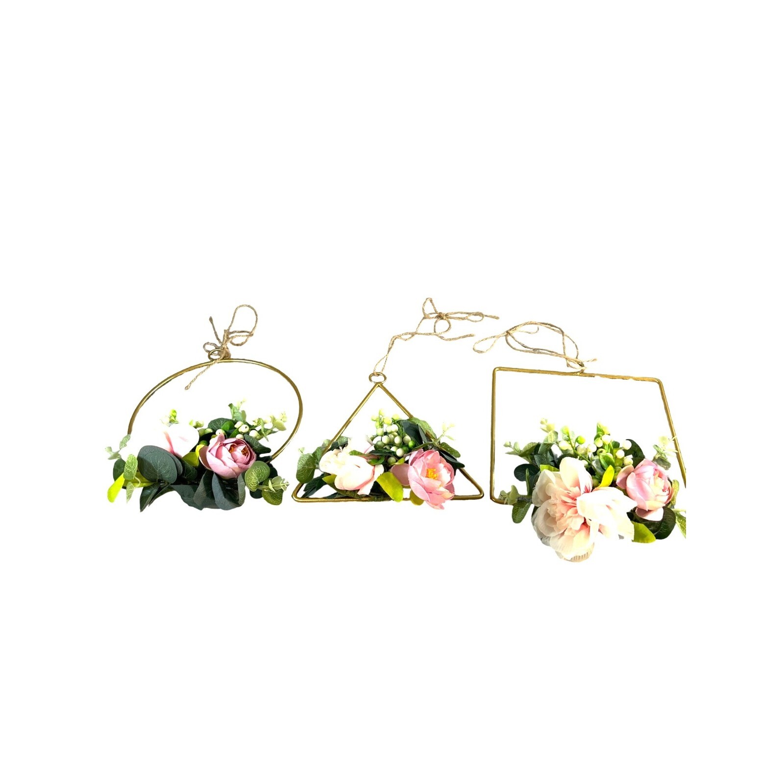 Home Decor Metal Square Circle Triangle Decoration with Silk Flowers and Greener