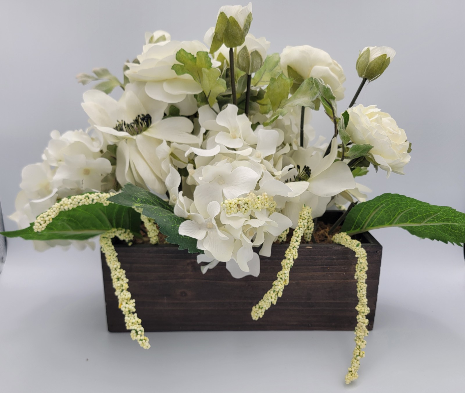 Faux Flowers Cream Peonies, Hydrangeas, Roses Ivy, Wood Box