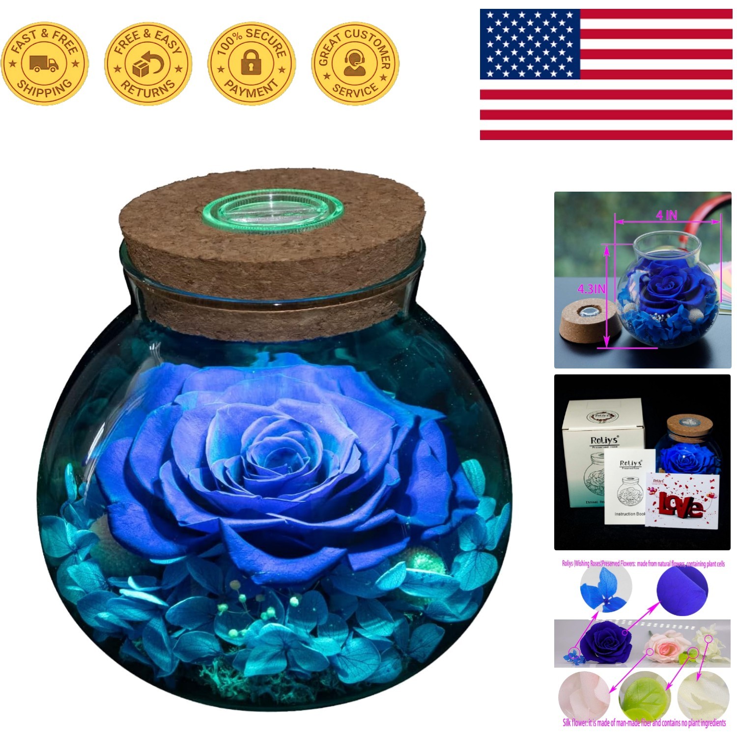 Preserved Blue Rose with Colorful Mood Light in Elegant Glass Bottle – 4.3″