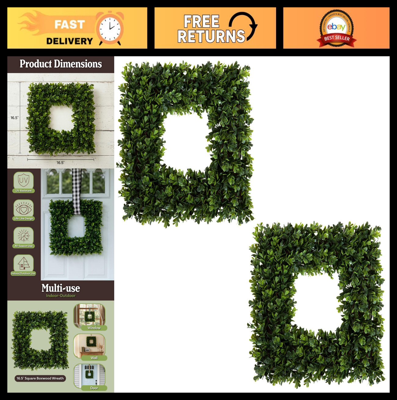 Set of 2 Square Boxwood Wreaths – 16.5-Inch Artificial Decor for All Seasons