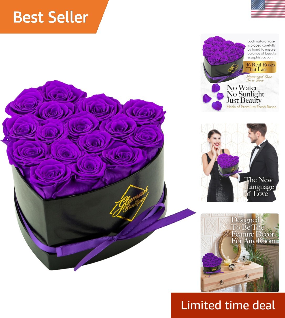 Elegant 16-Piece Heart-Shaped Box of Preserved Purple Roses – Forever Flowers
