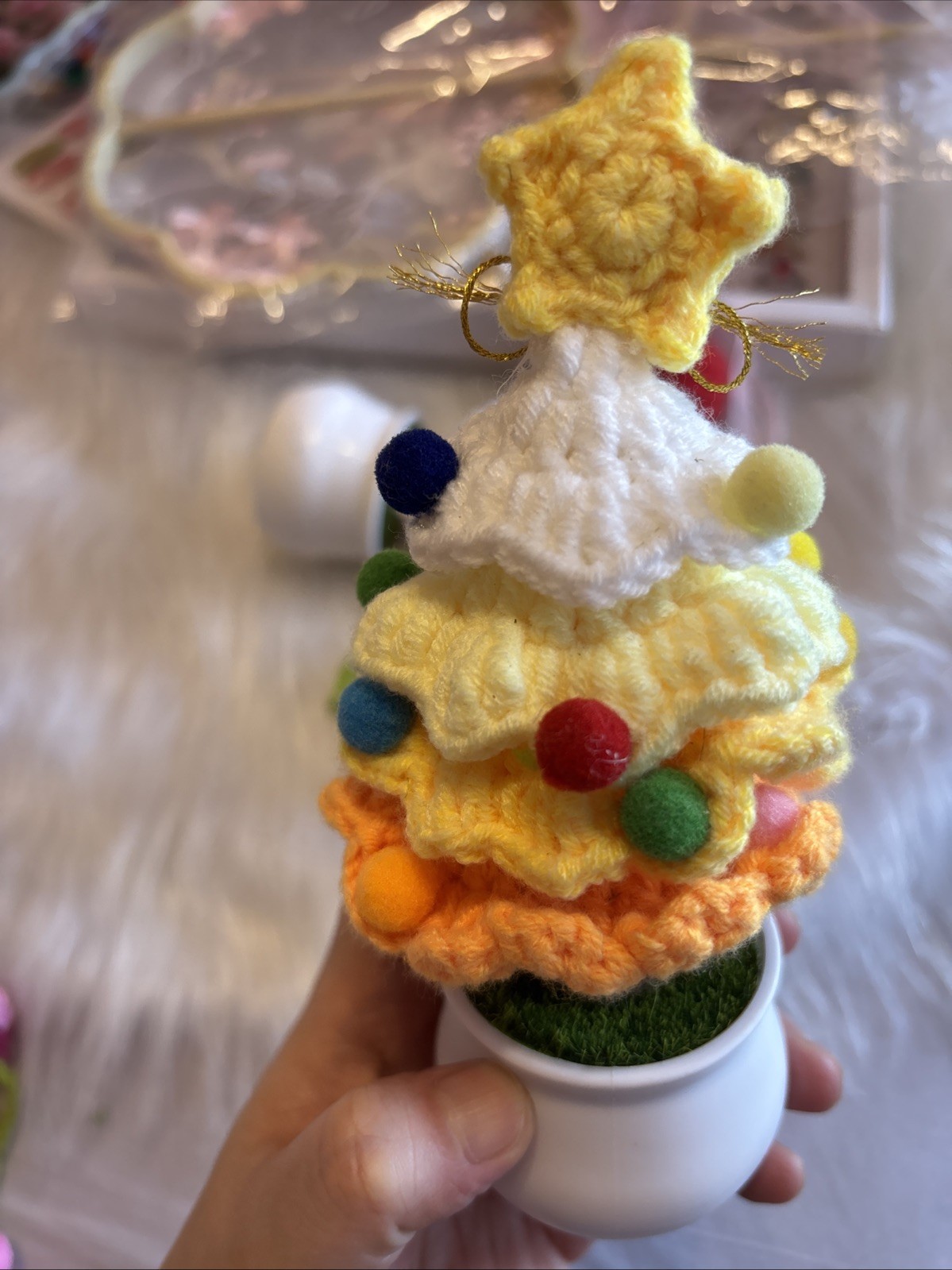 Handmade Crochet Christmas Tree Potted Plant Kawaii Pom Pom Desk Decor Gift