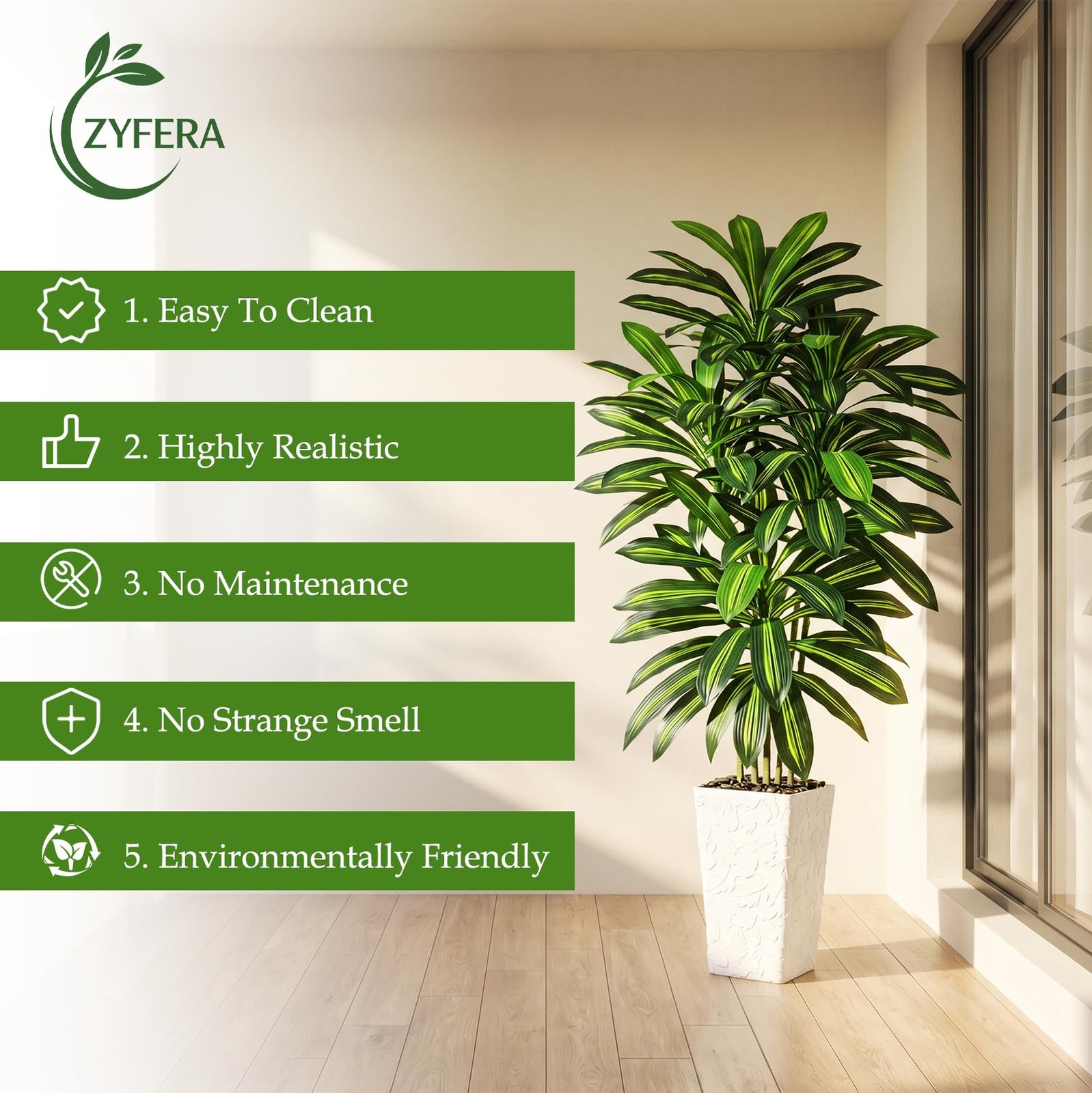 Artificial Dracaena Tree 5FT – Fake Tree with White Tall Planter – Artificial…