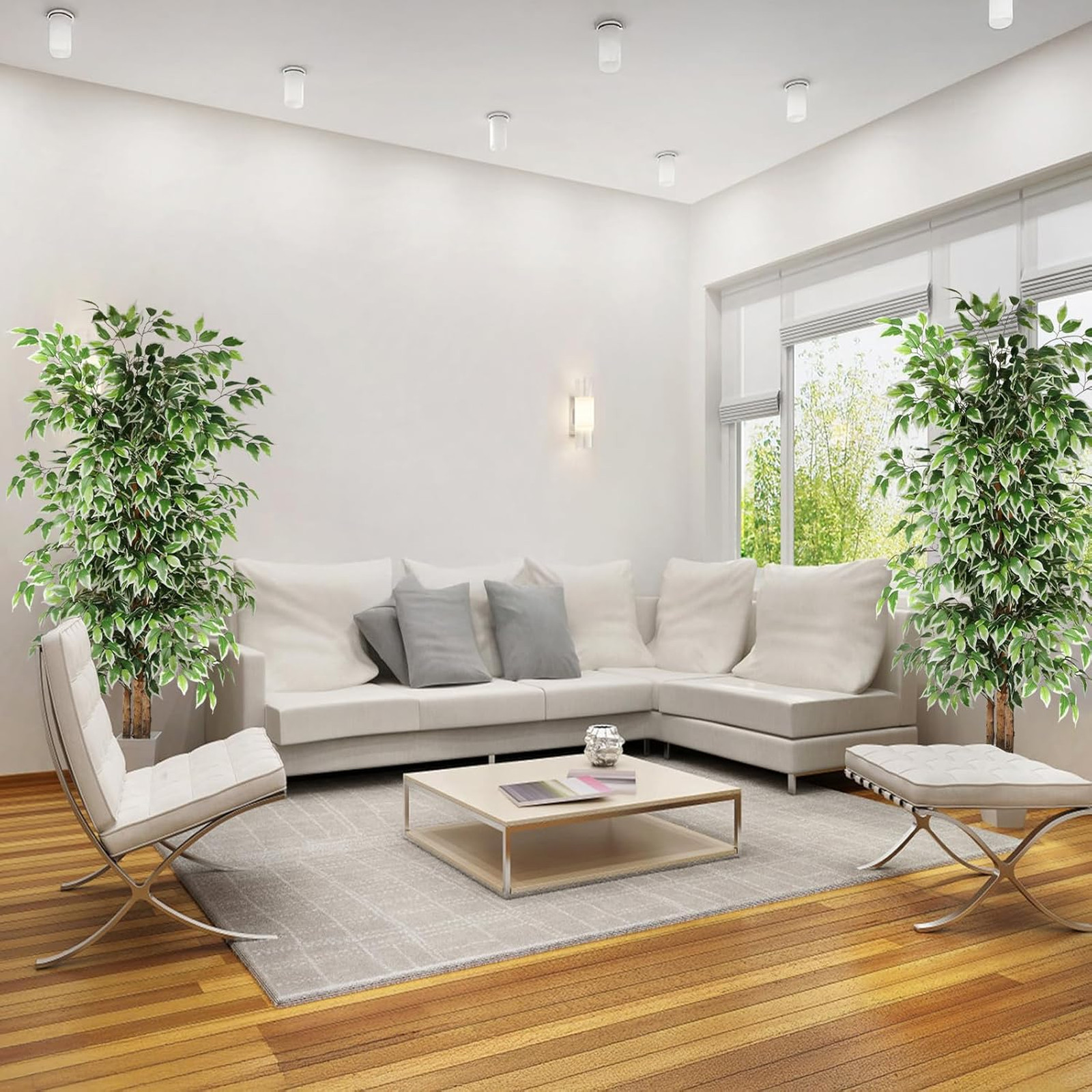 Artificial Ficus Trees 6 Feet Tall Indoor Outdoor Faux Plants with Natural Trunk
