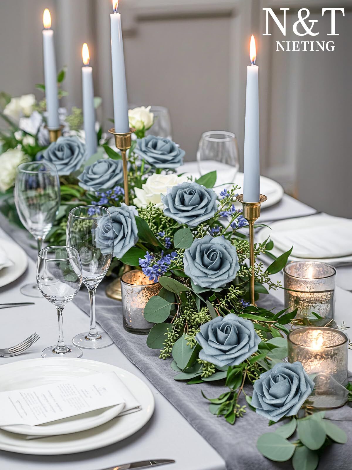 25 Pcs Dusty Blue Gray Foam Roses Fake Flowers DIY Wedding Cake Party Decor