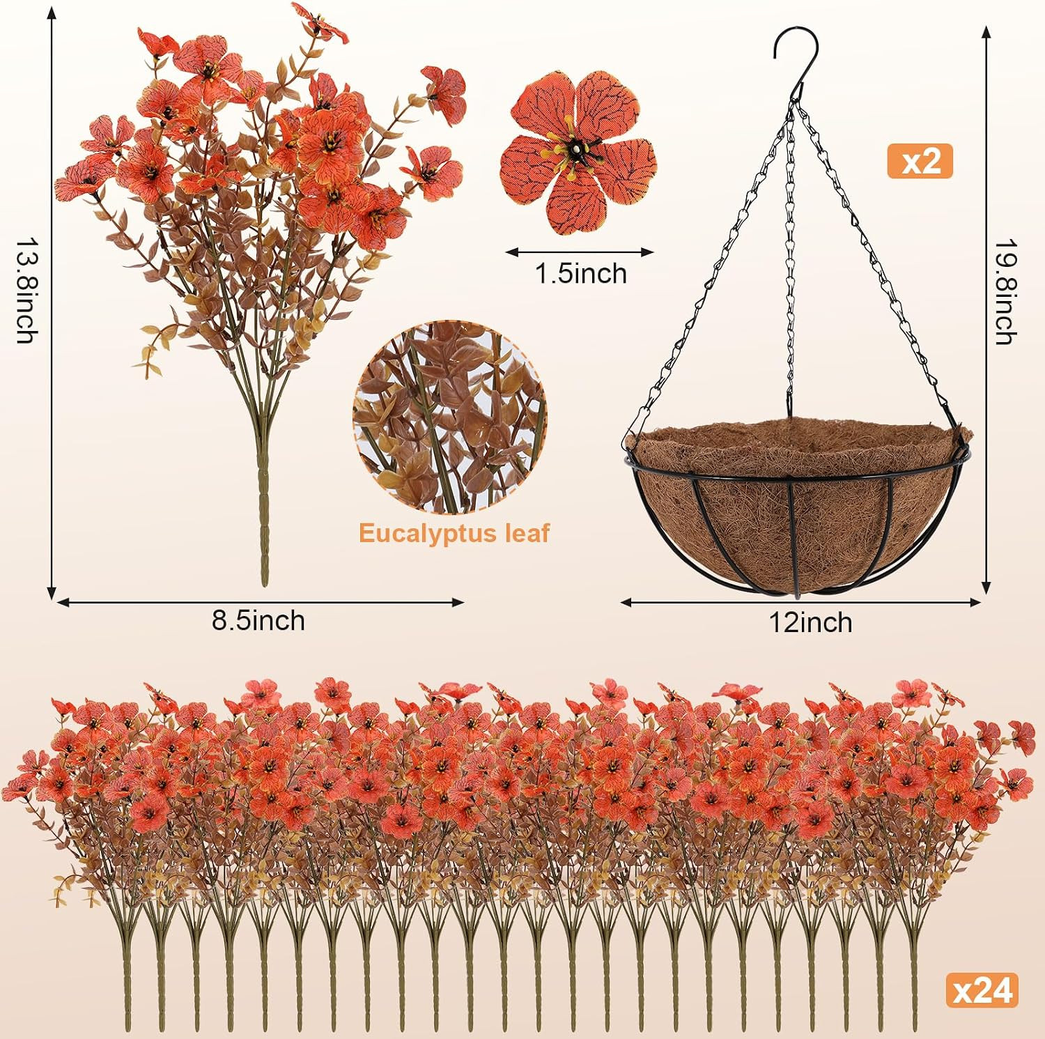 Artificial Hanging Basket Flowers, 24 Pcs Orange Mums, UV Outdoor Flowers | Look