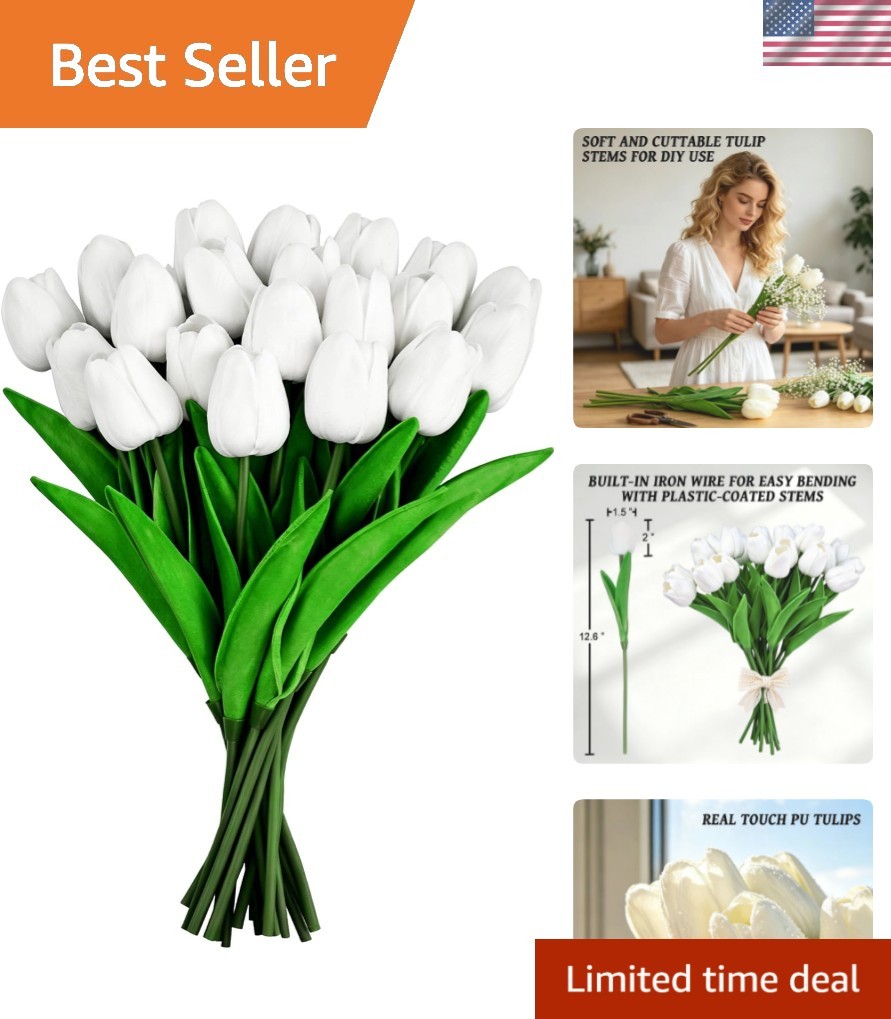 White Artificial Tulips Flowers,20 PCS PU Fake Tulips for Outdoors & Indoors,…