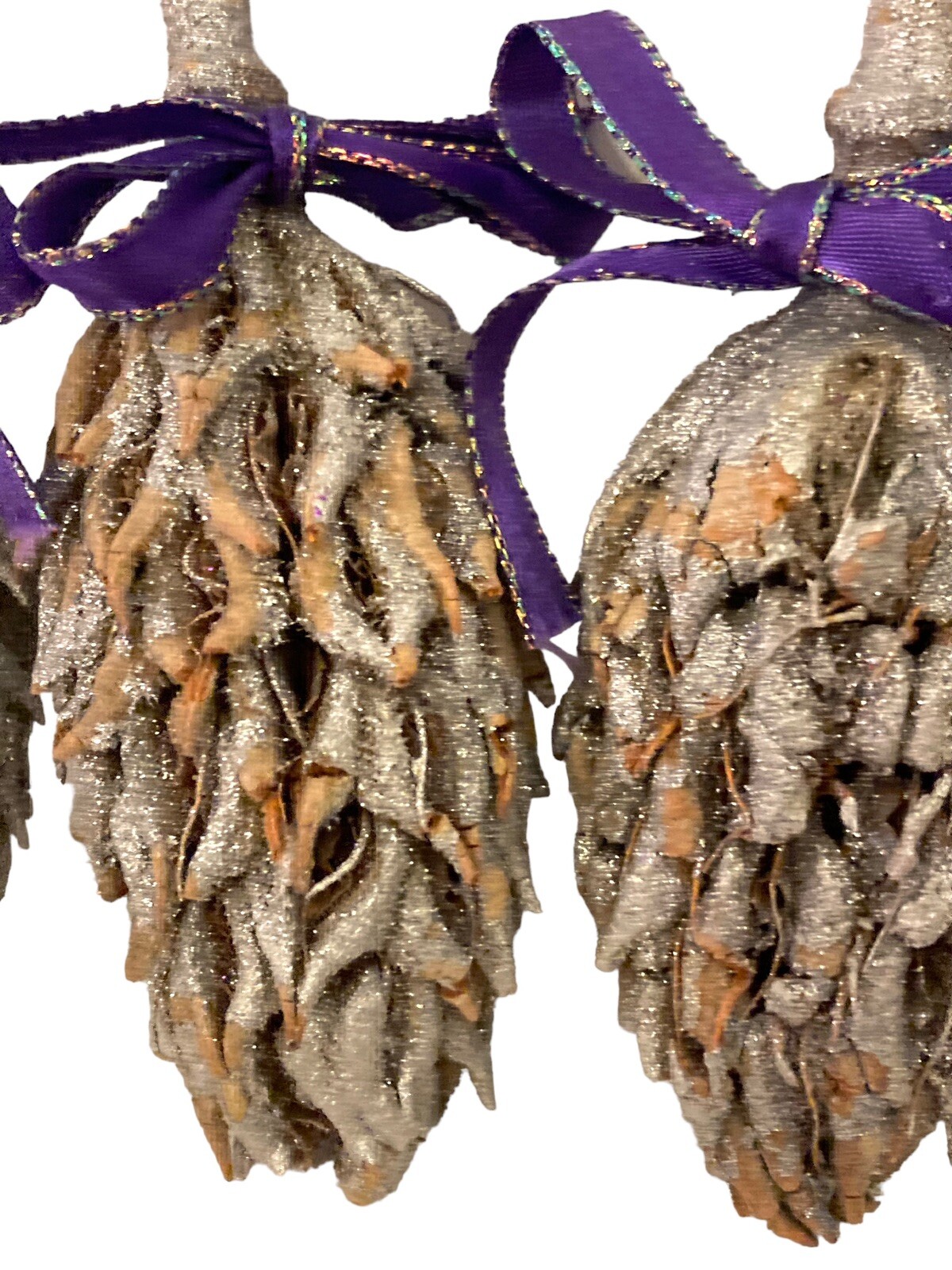 13 Magnolia Seed Pods Decor Silver Glittered Purple Ribbon Bows