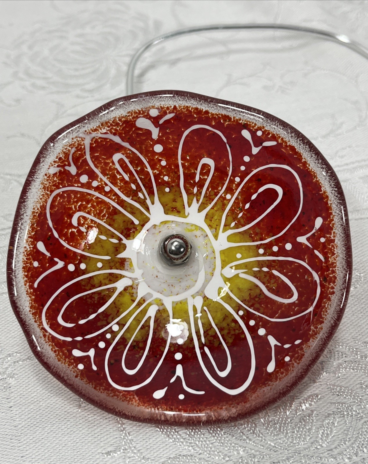 4 Flowers Pressed Glass Painted Tabletop Garden Bouquet Round Silver Metal Stems