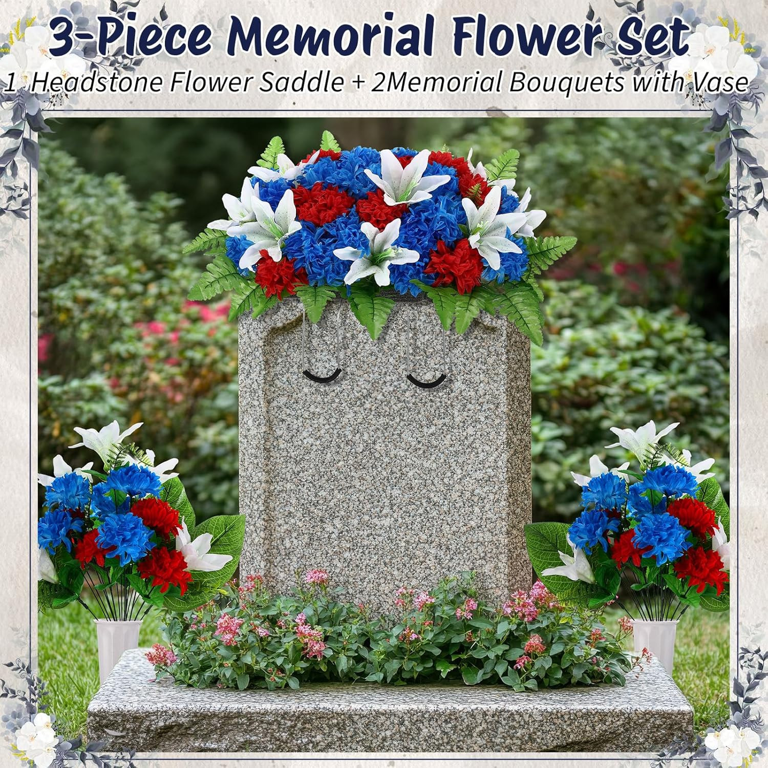 3 Pcs Artificial Cemetery Flower Saddles with Vase for Headstone Memorials