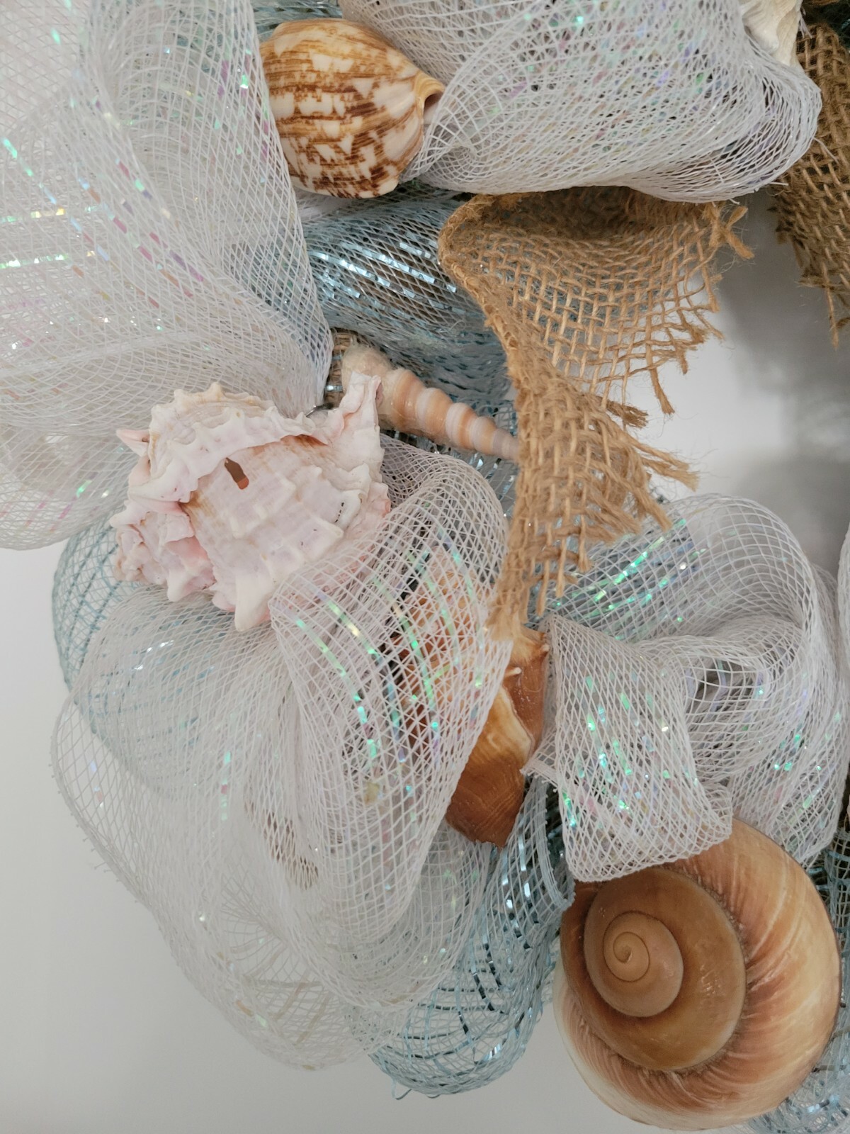 Beautiful Romantic shimmery ribbon SeaShell Wreath 16″ Coastal beach house decor