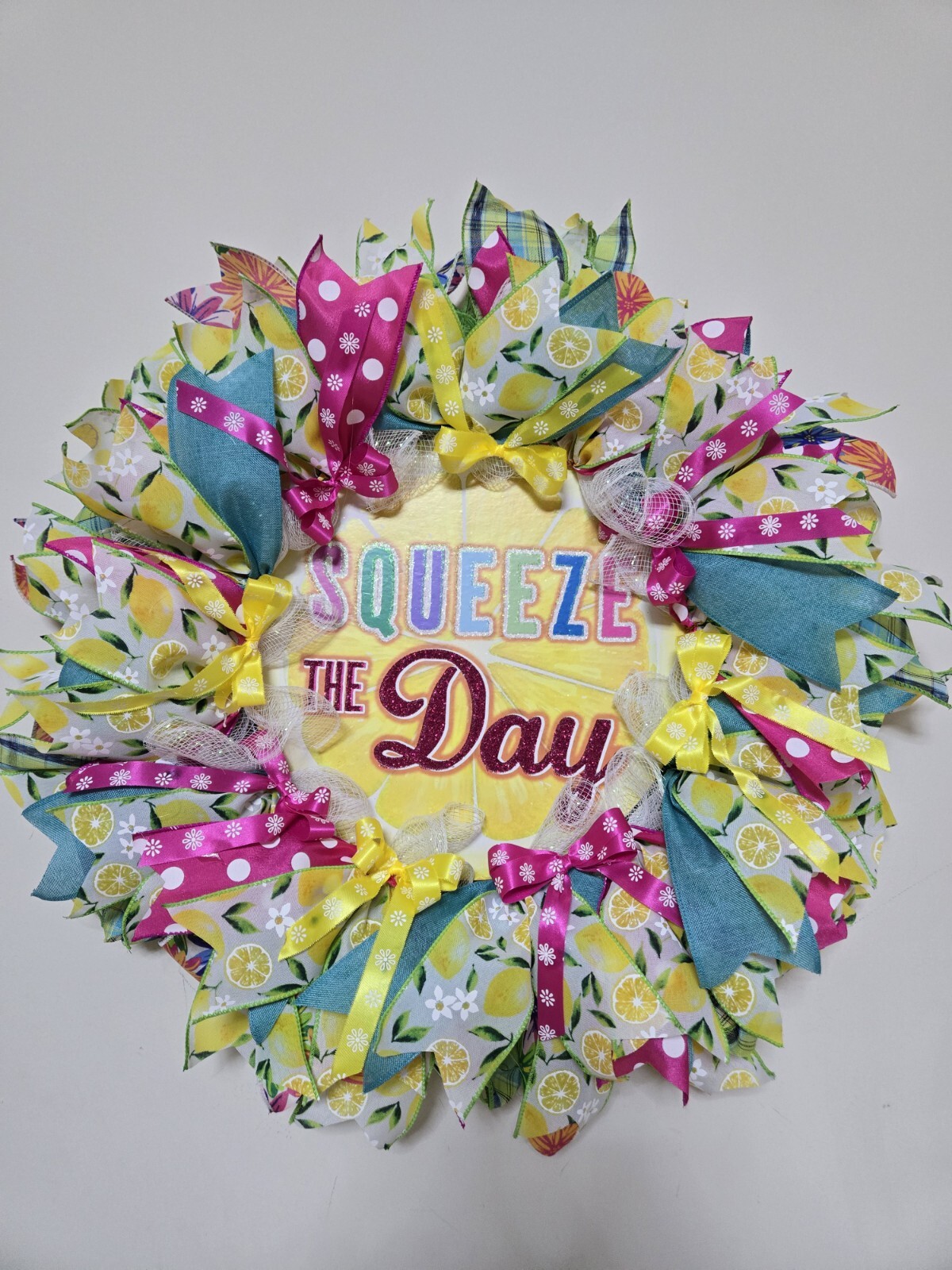 WREATH SQUEEZE THE DAY Spring SUMMER Fall Front Door Wall Decor BIG bright every