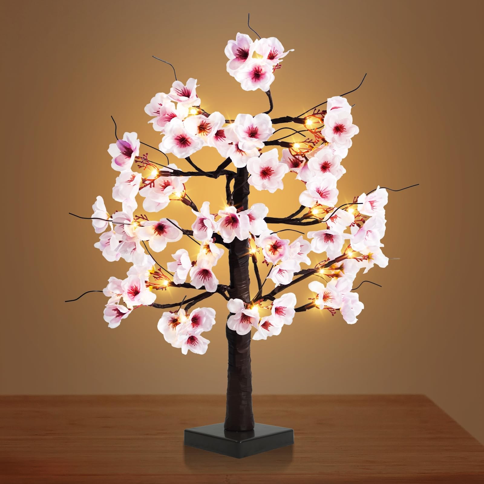 2 PCS 24 Inch Lighted Cherry Blossom Tree 48 Warm White LED Tabletop Bonsai